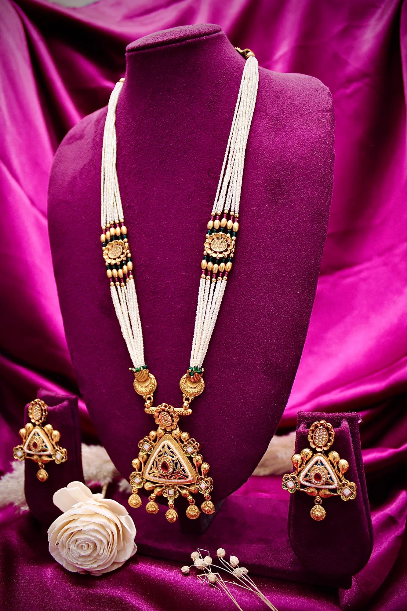 Traditional Triangle Pendant Pearl Mala Necklace Set — Image 3