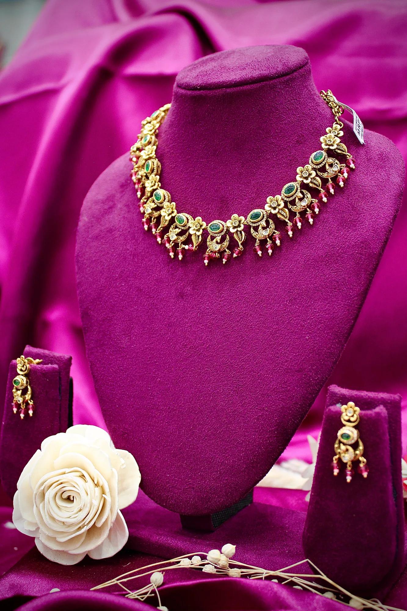 Antique Gold-Plated Floral Green Stone Choker Necklace Set with Matching Earrings — Image 3