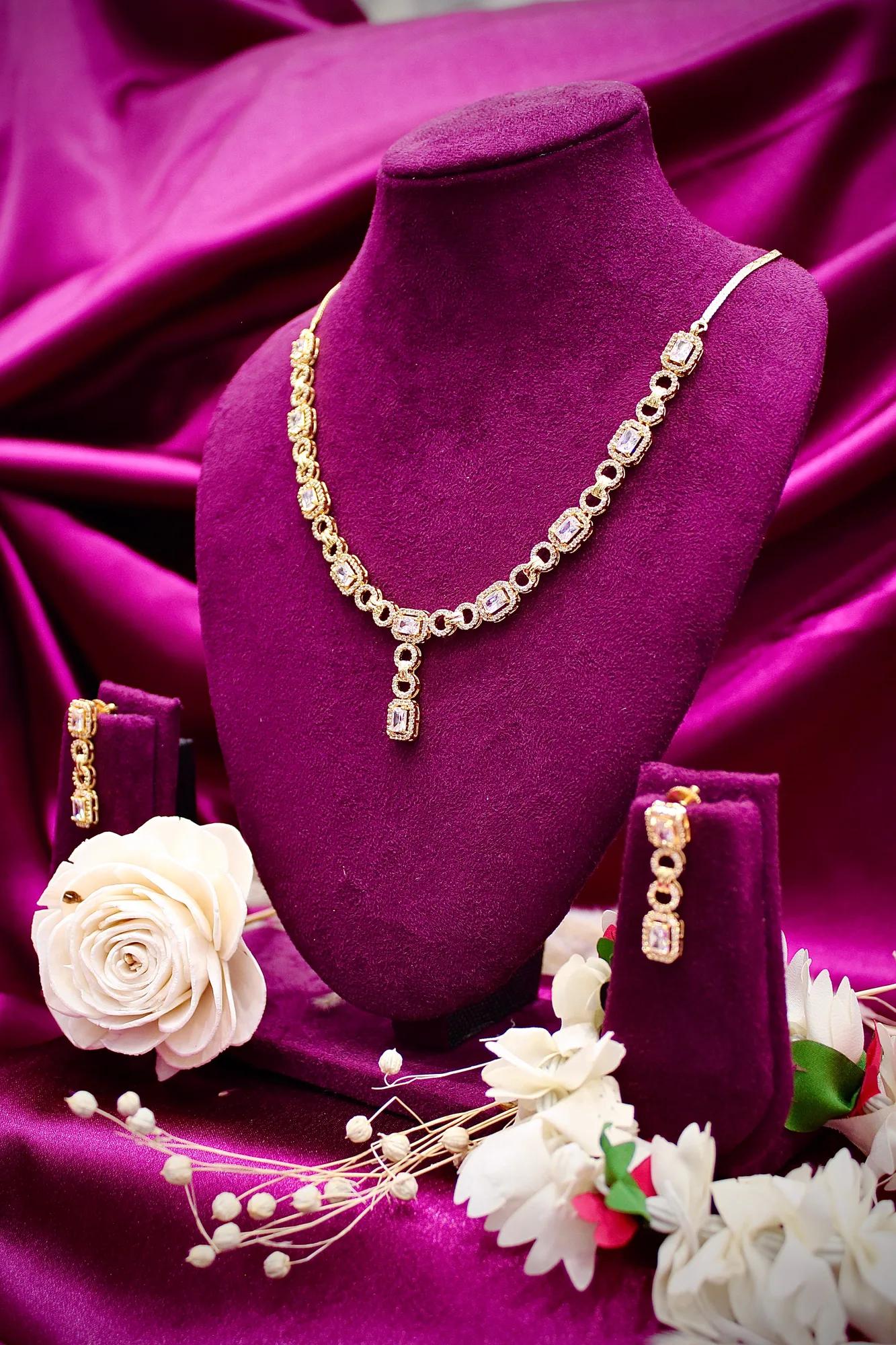 Elegant Rose Gold-Plated CZ Y-Drop Necklace Set with Matching Drop Earrings — Image 3