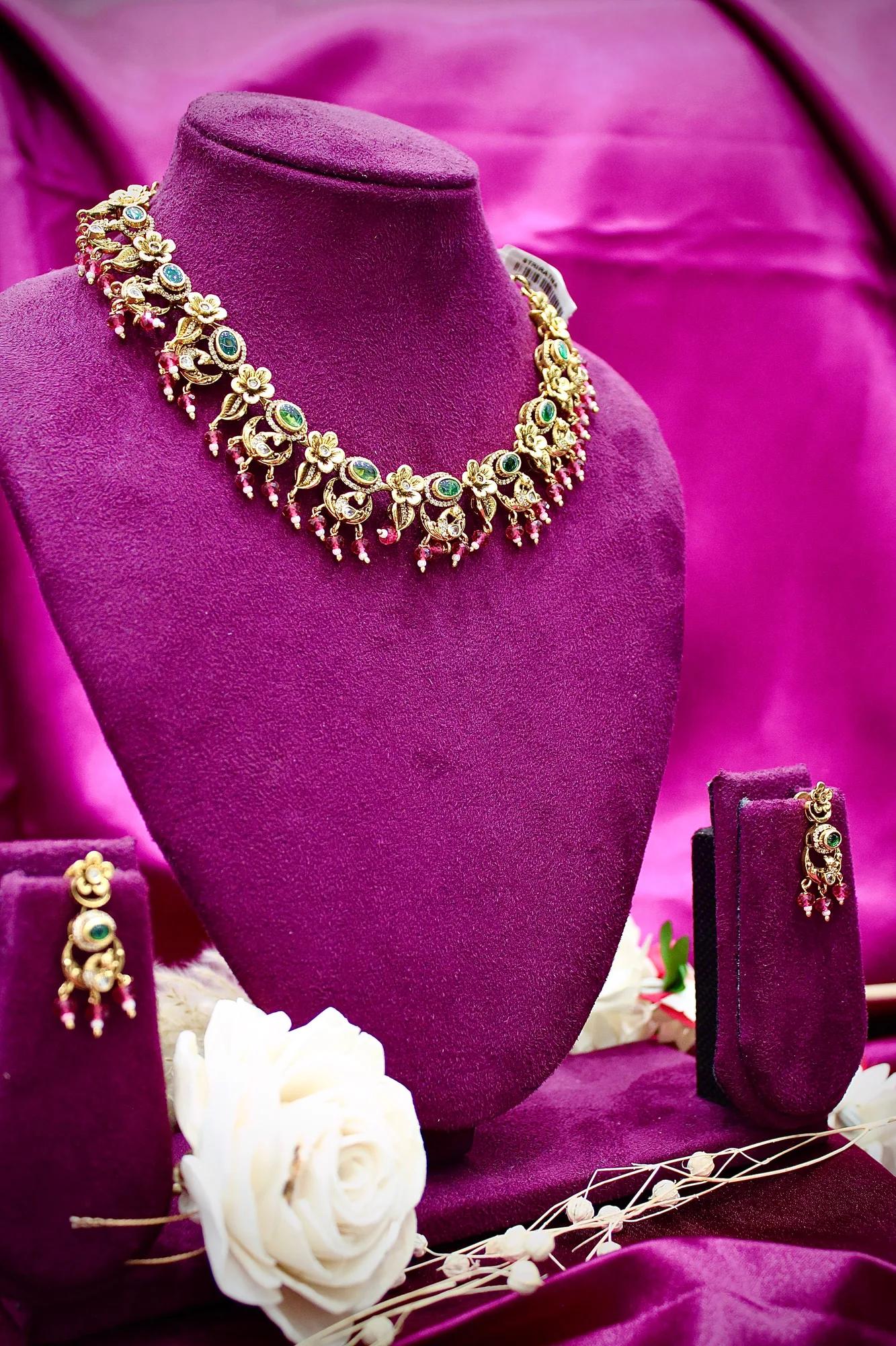 Antique Gold-Plated Floral Green Stone Choker Necklace Set with Matching Earrings — Image 2