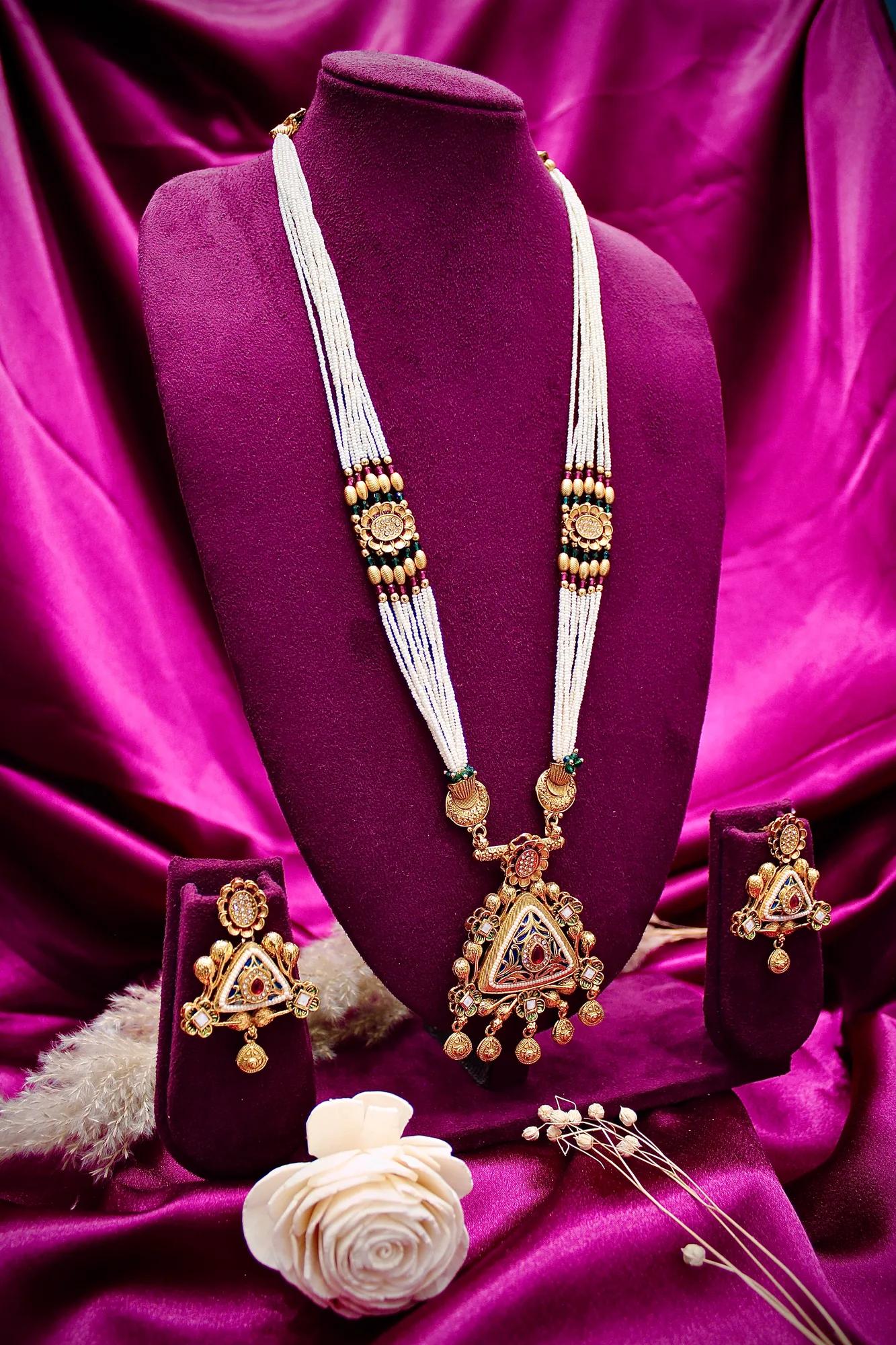 Traditional Triangle Pendant Pearl Mala Necklace Set — Image 2