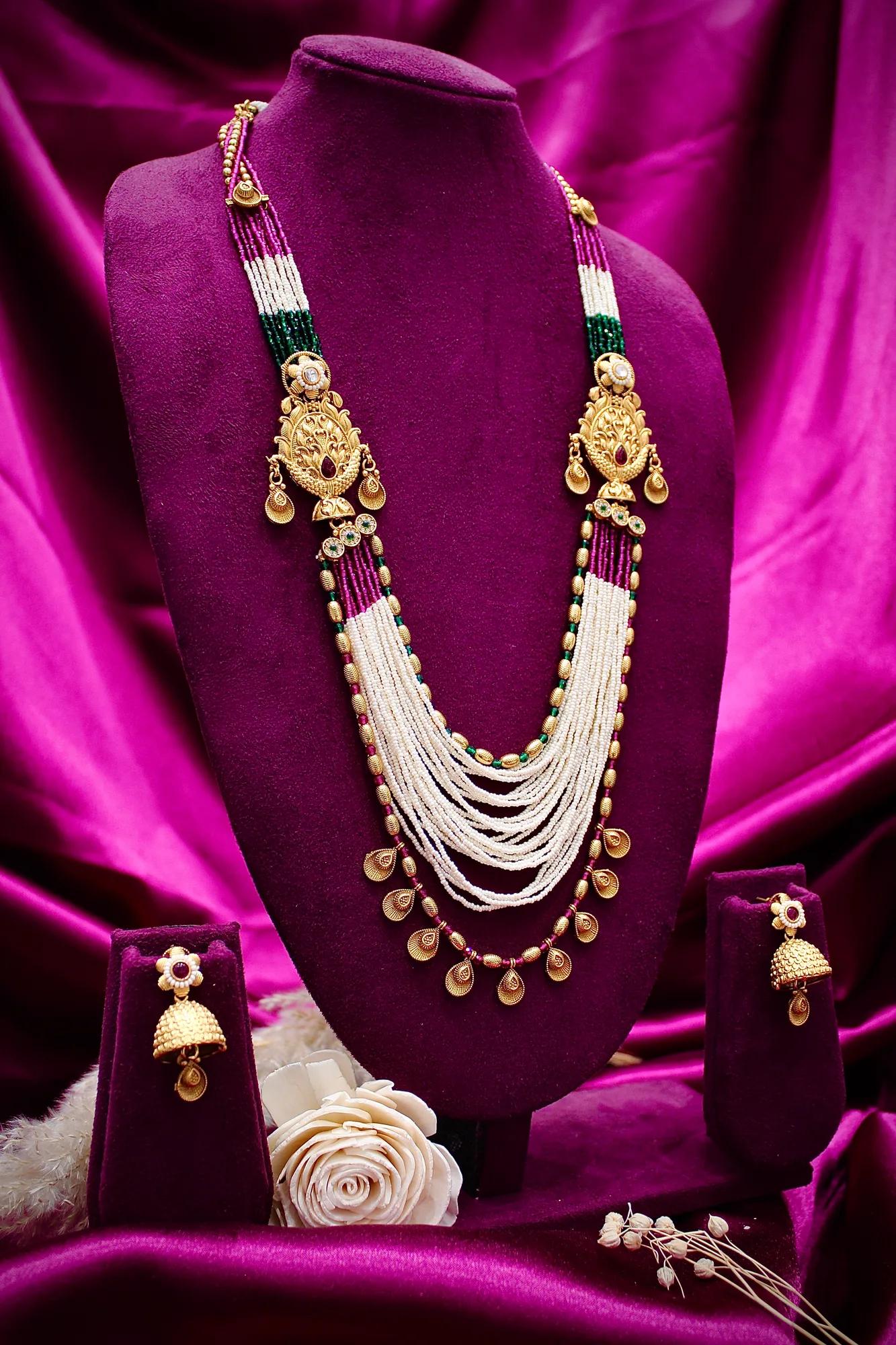 Royal Multi-Layer Pearl Haar Set with Antique Gold Motifs — Image 2