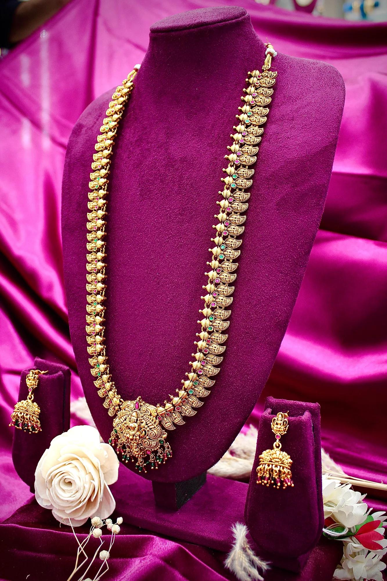 Royal Temple Lakshmi Long Haram Necklace Set — Image 4
