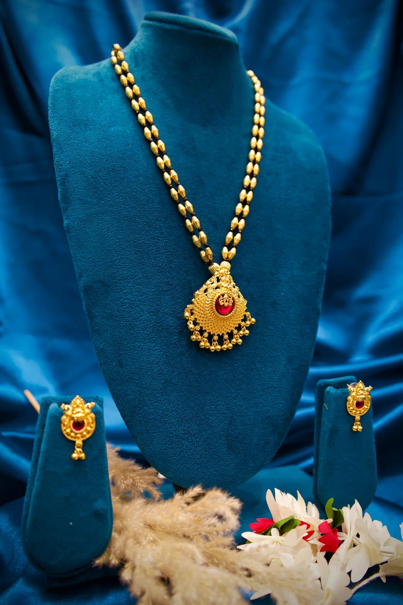 Traditional Black Bead Mangalsutra Pendant Set with Ruby Stone — Image 2