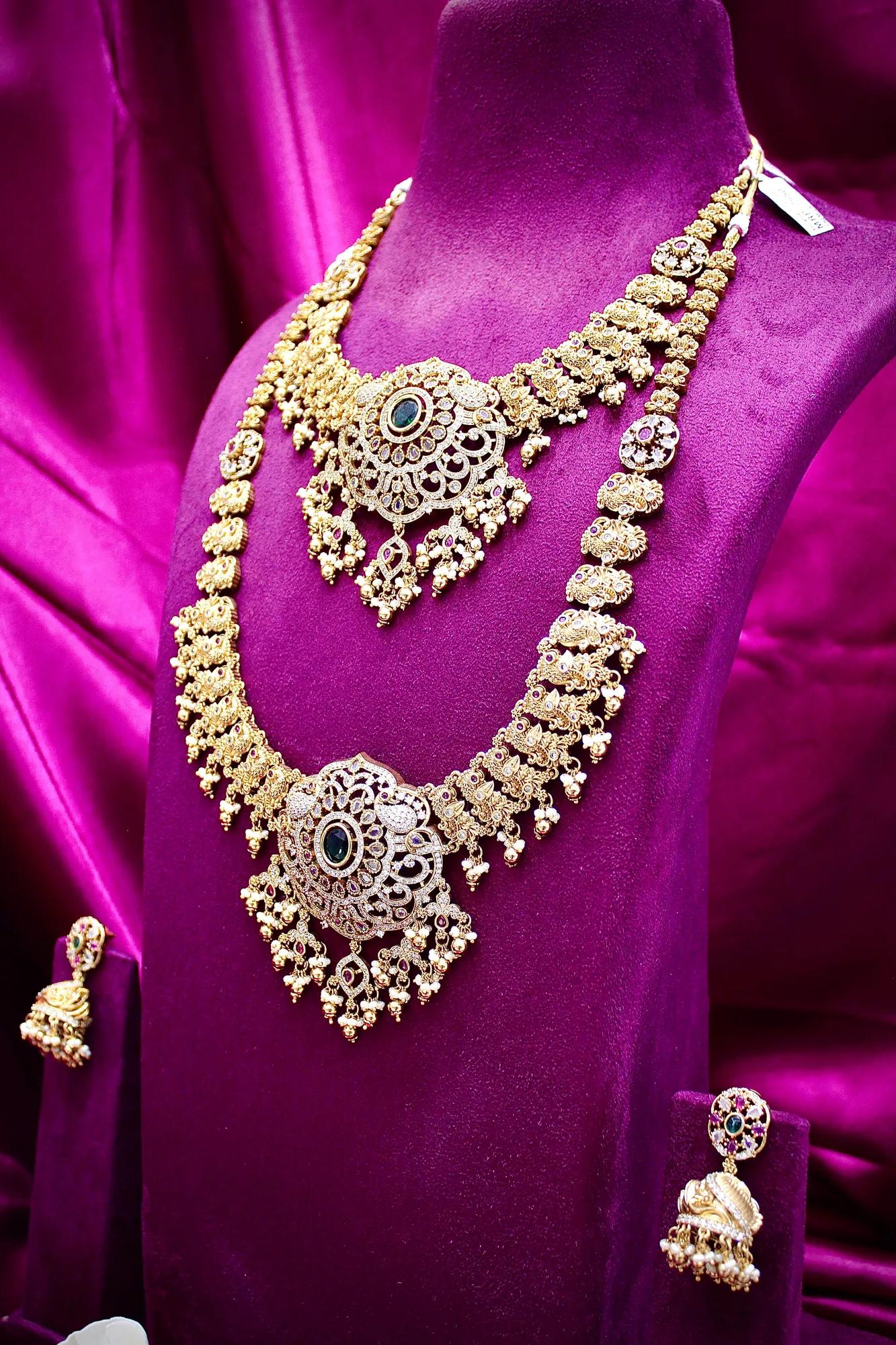 Royal Antique Gold-Plated Dual Layer Temple Necklace Set with Green Stone Pendant & Jhumka Earrings — Image 4