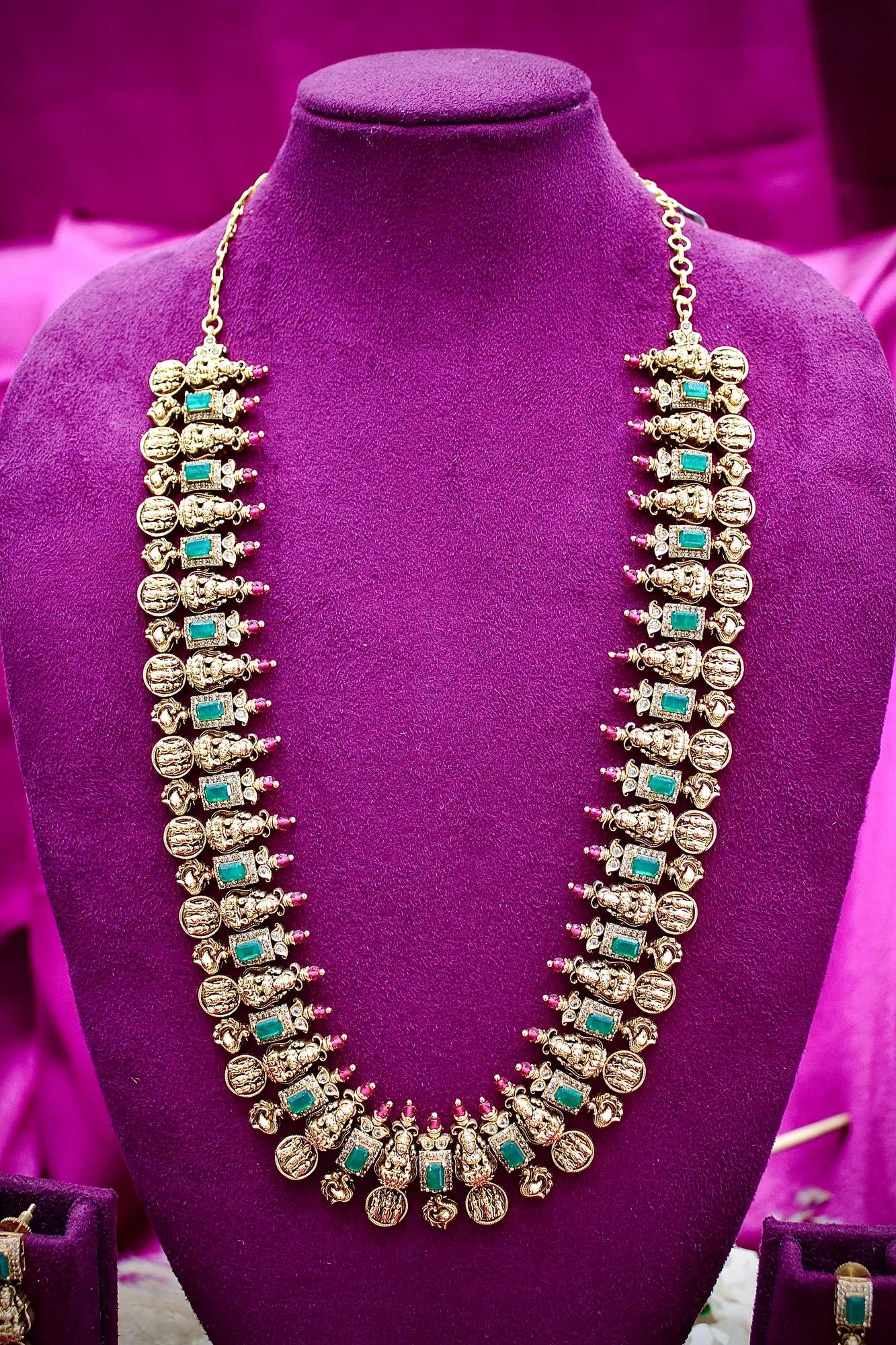 Temple Coin & Emerald Stone Long Necklace Set — Image 3