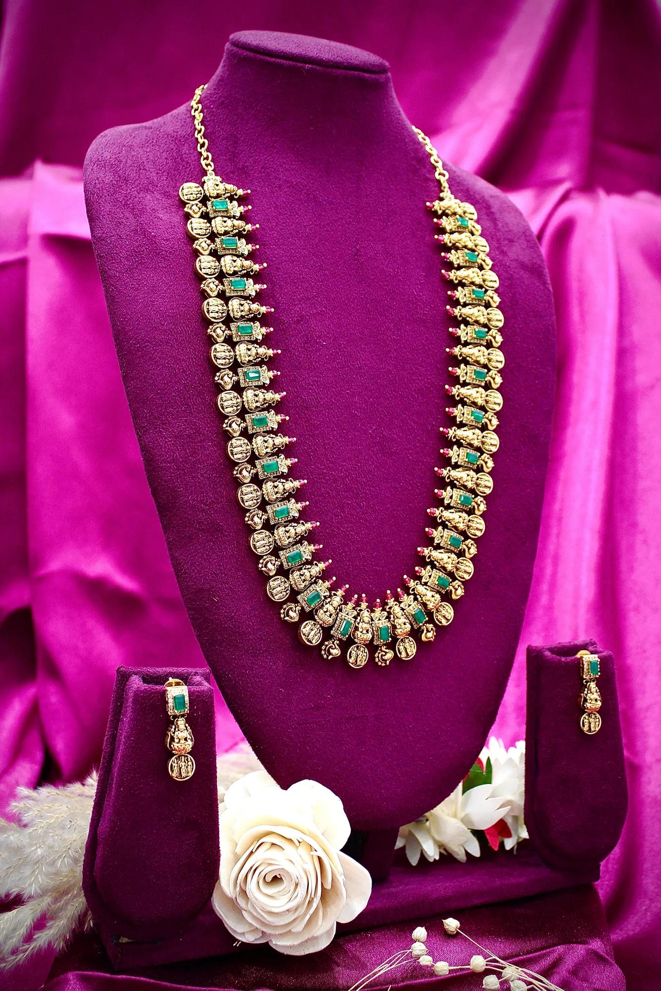 Temple Coin & Emerald Stone Long Necklace Set — Image 5