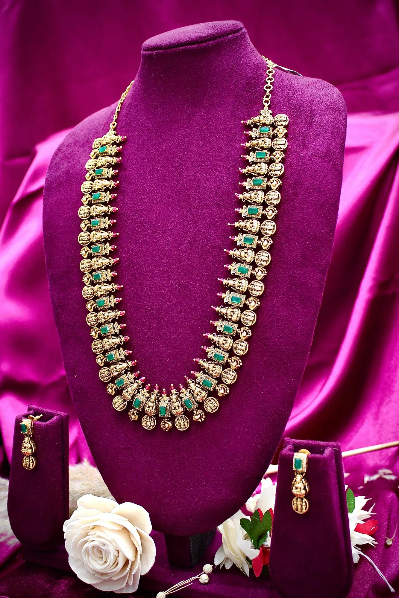 Temple Coin & Emerald Stone Long Necklace Set — Image 2