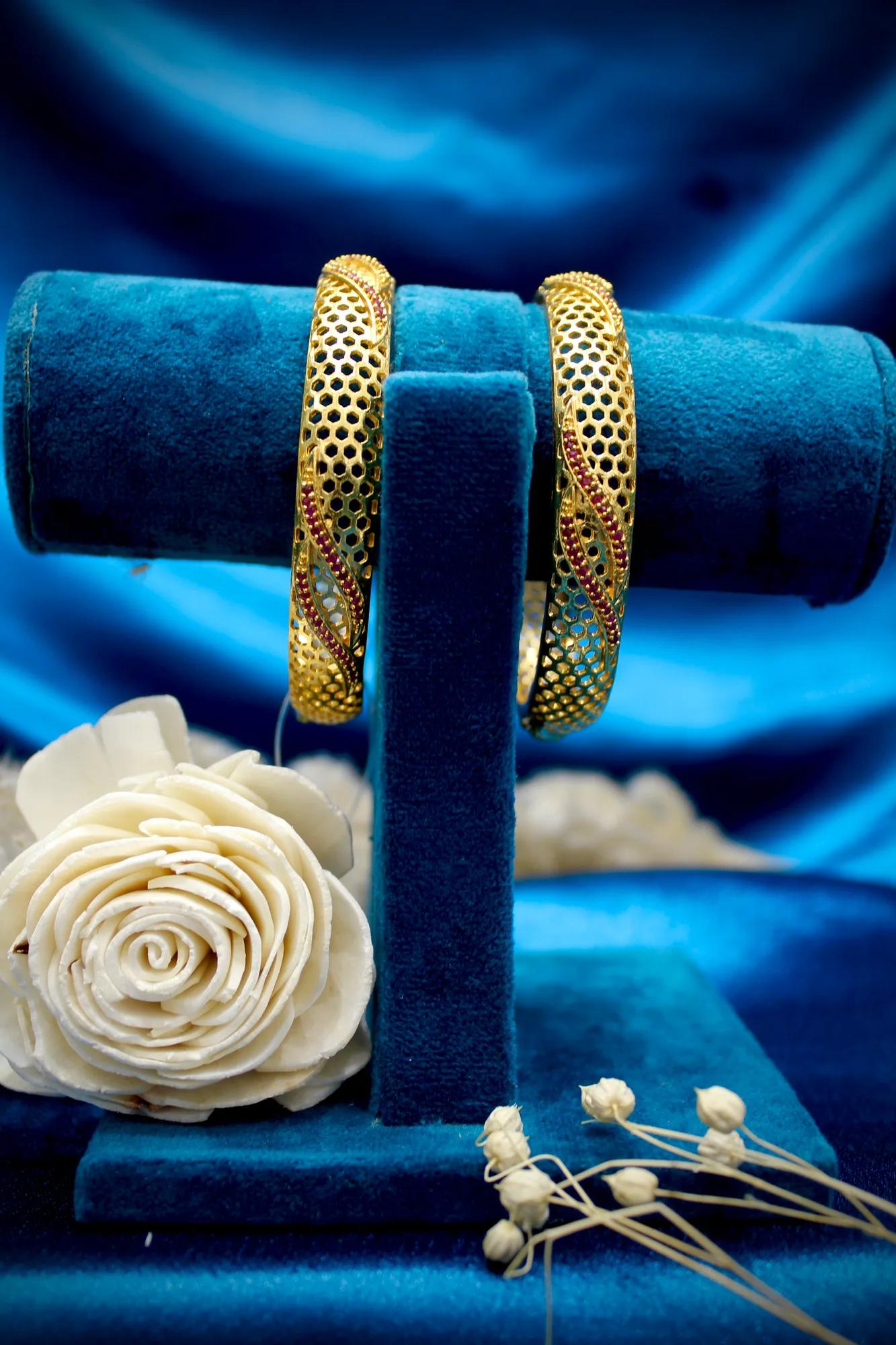 Designer Honeycomb Gold Finish Bangles (Set of 2)