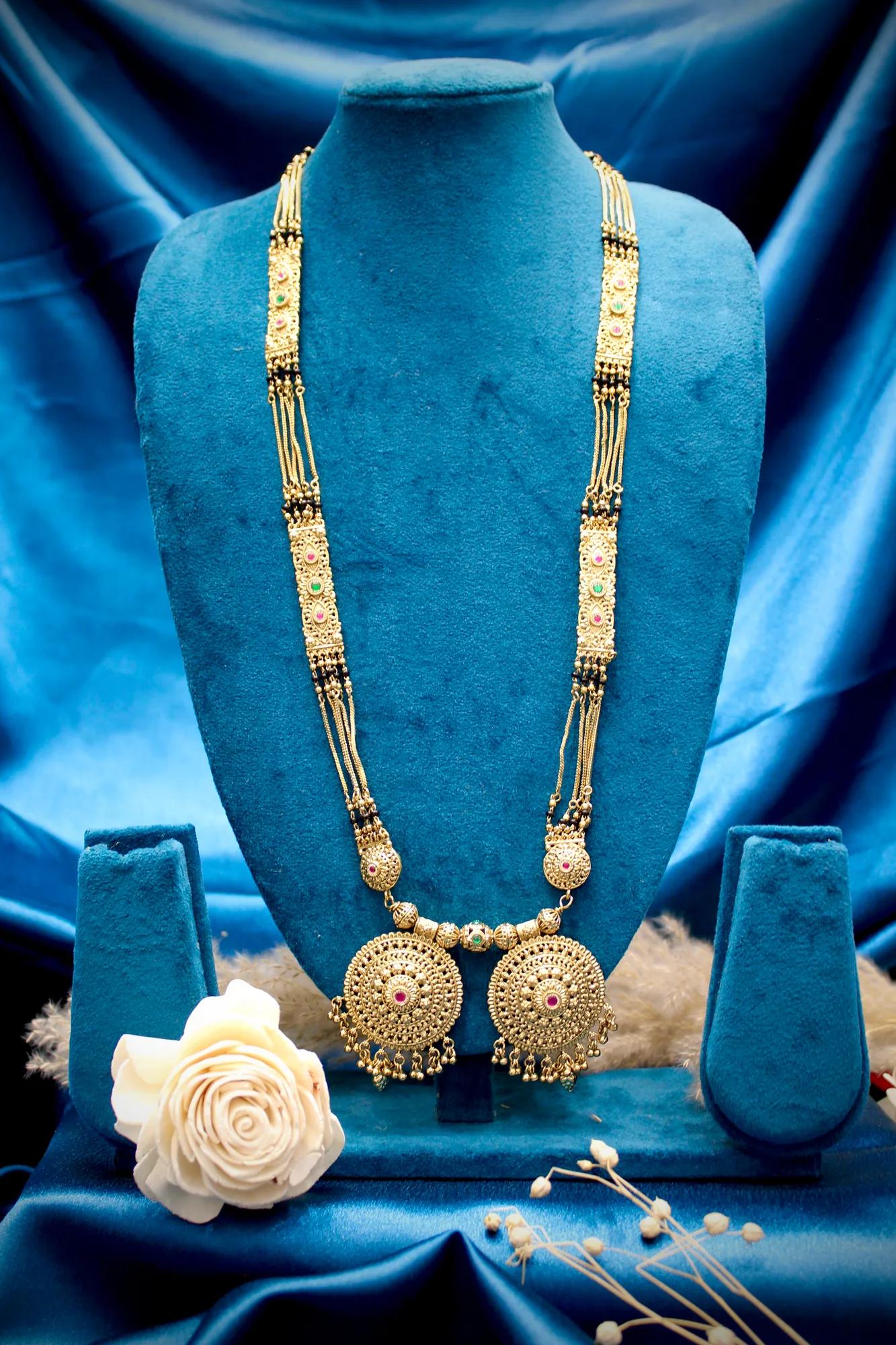 Royal Antique Gold Circular Twin Pendant Designer Black Bead Mangalsutra