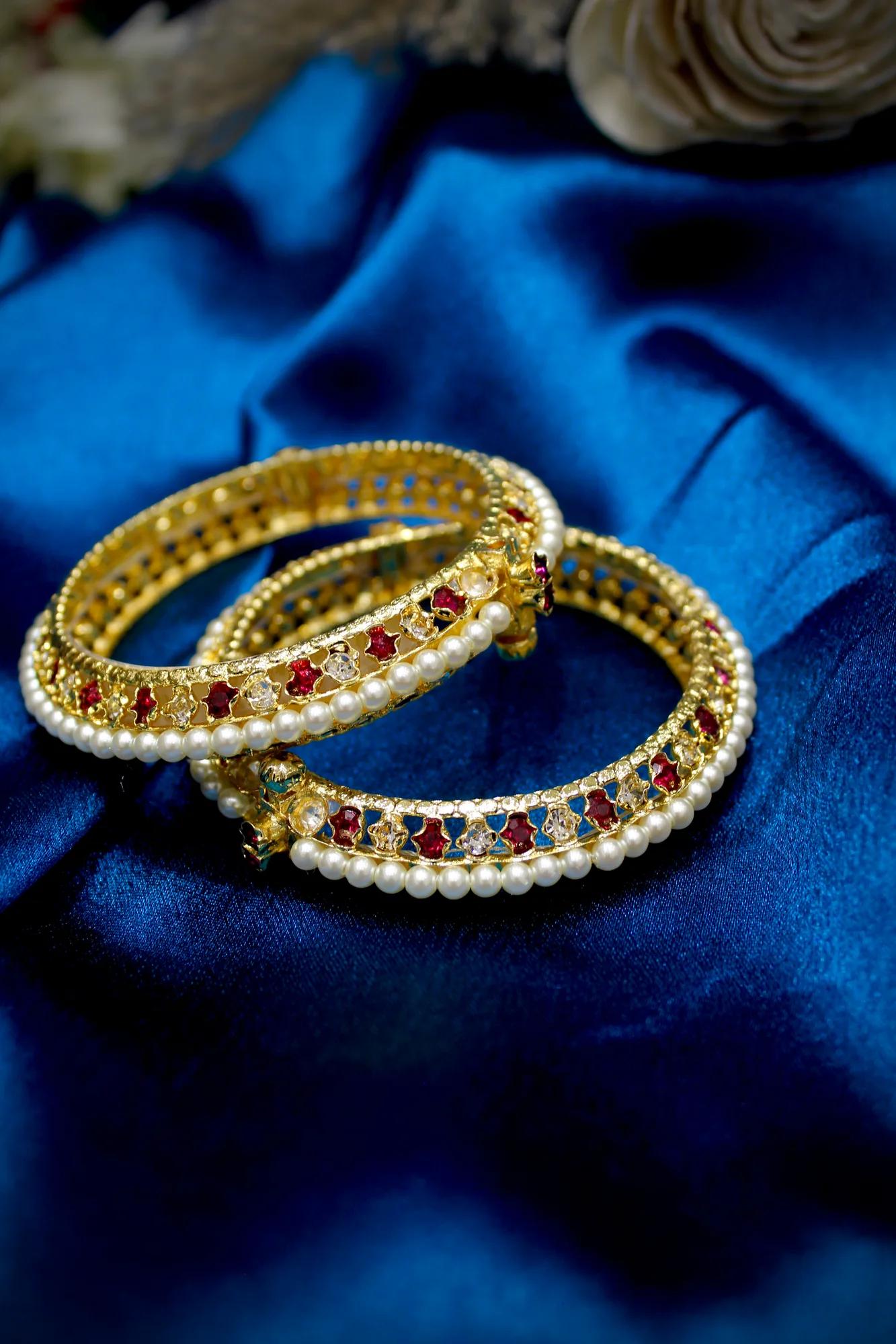 Pearl, Ruby & Crystal Designer Bangles (Set of 2) — Image 3