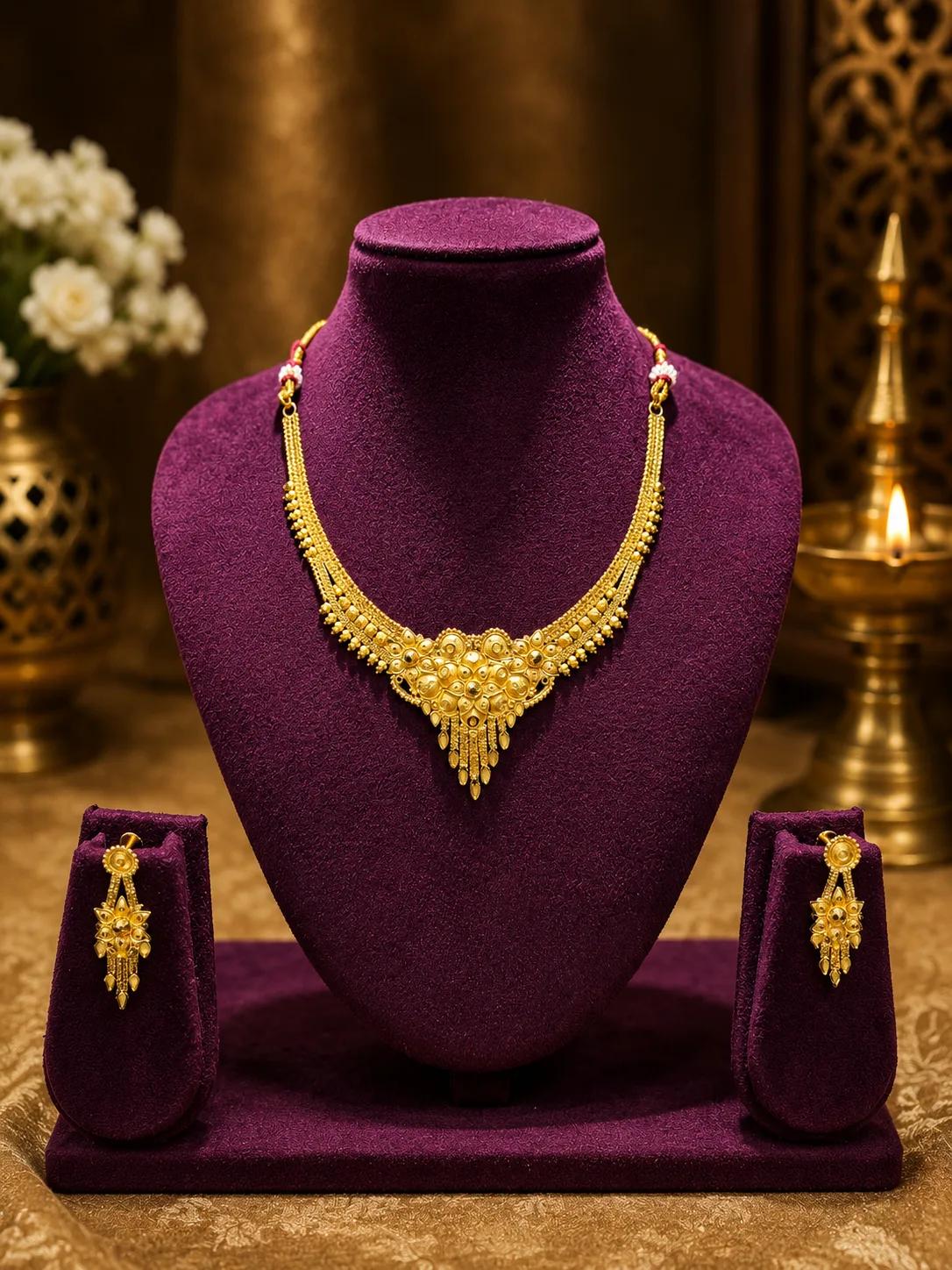 Antique Floral Gold Necklace Set with Beaded Accents
