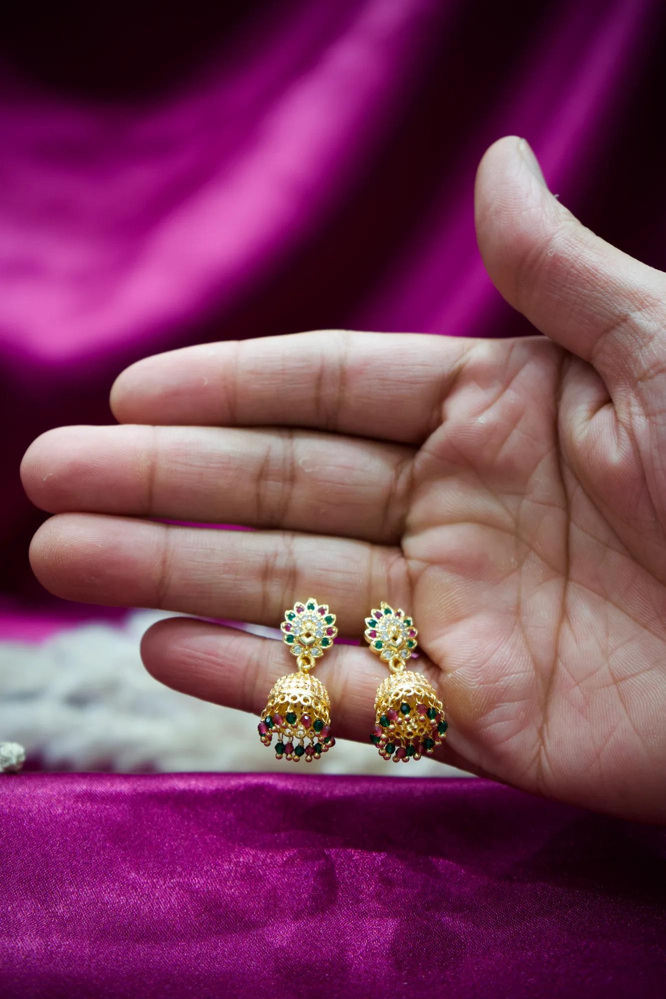 Multicolor Floral Jhumka Earrings with Bead Tassels — Image 2