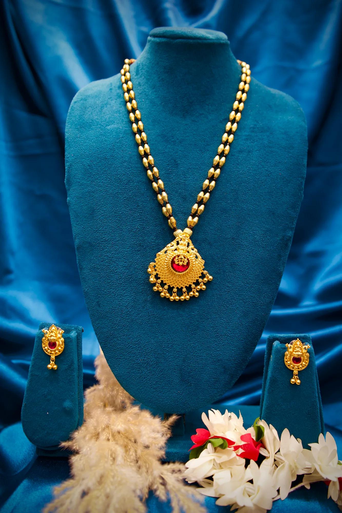 Traditional Black Bead Mangalsutra Pendant Set with Ruby Stone