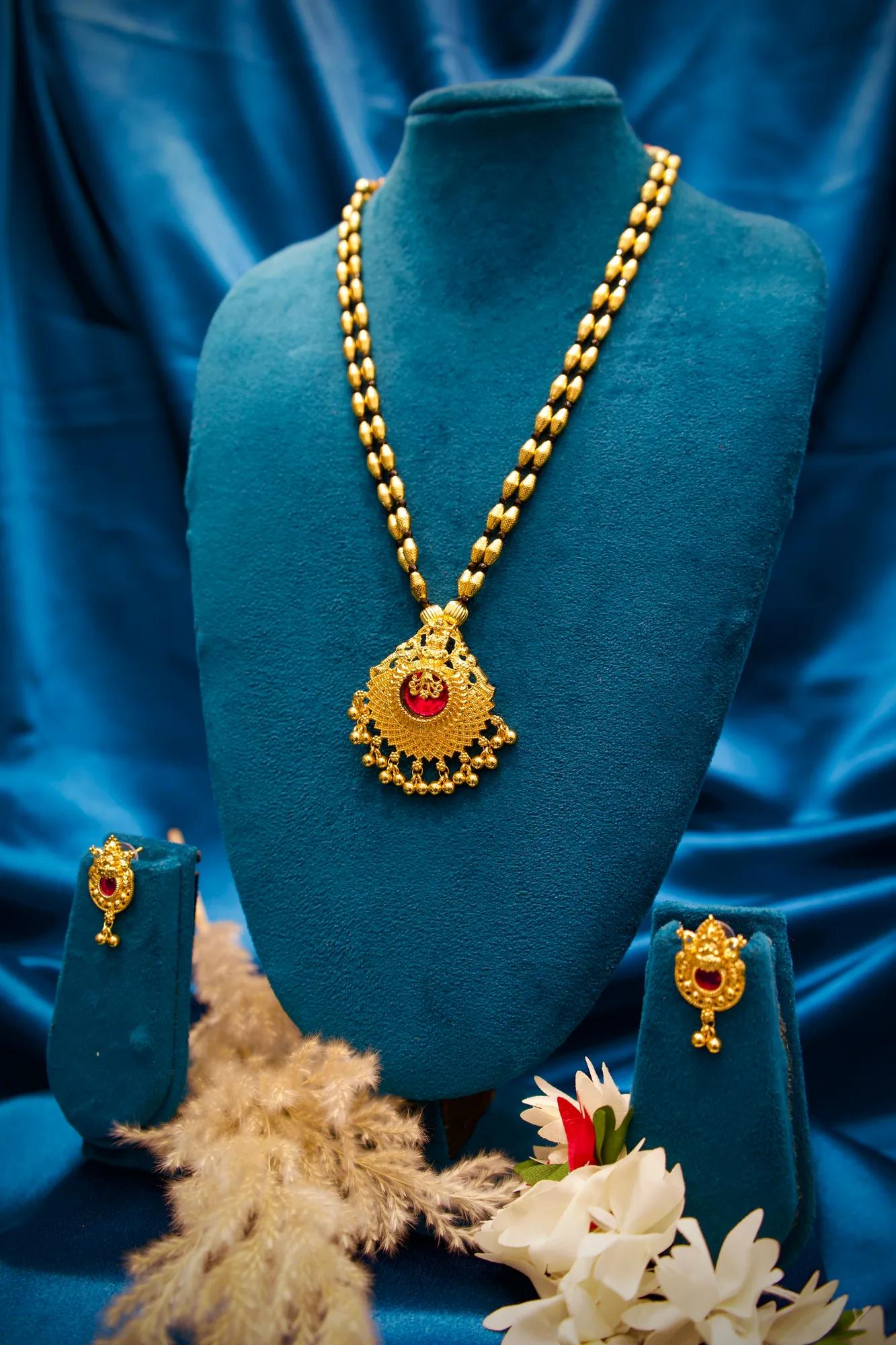 Traditional Black Bead Mangalsutra Pendant Set with Ruby Stone — Image 3