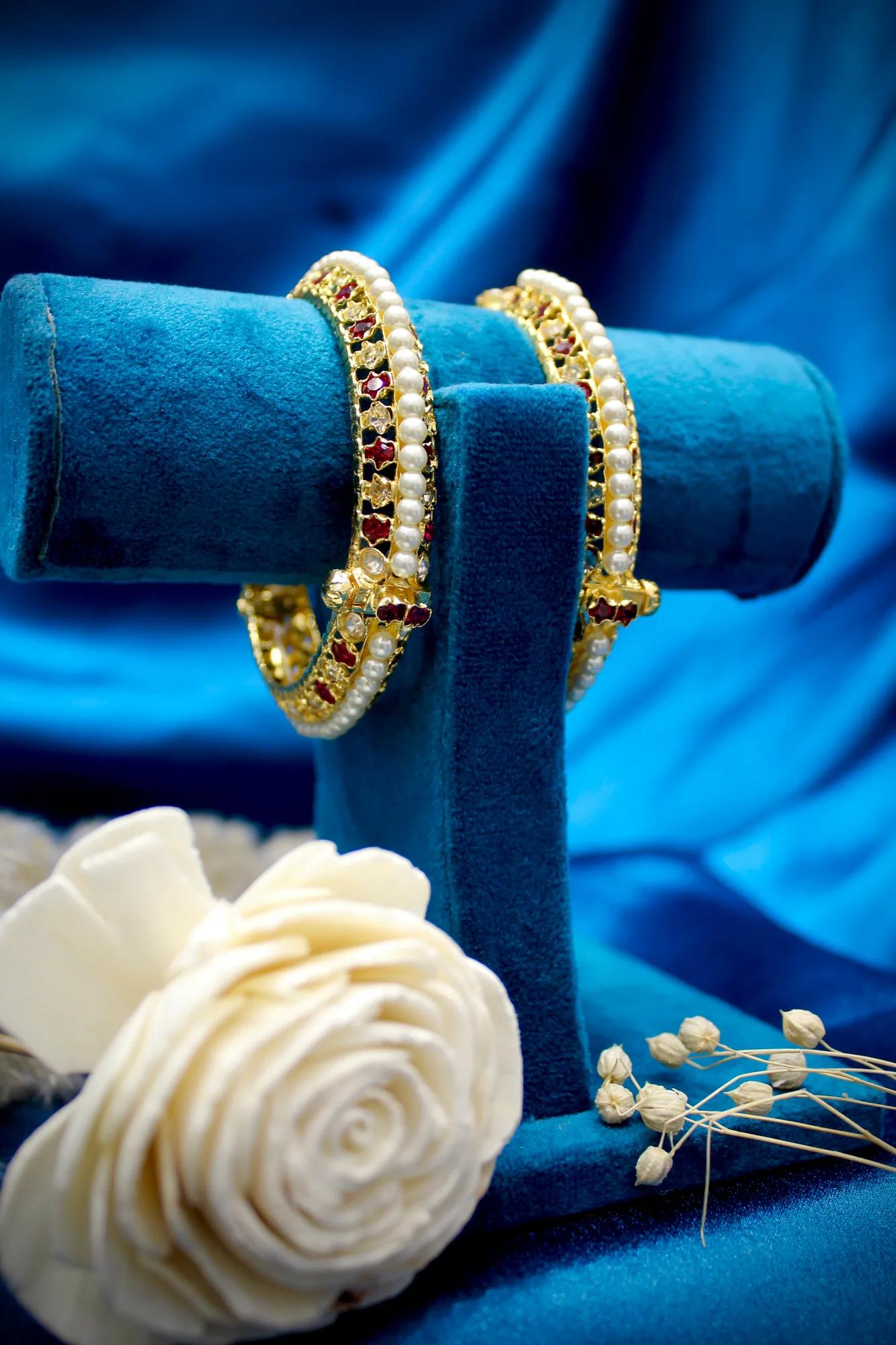 Pearl, Ruby & Crystal Designer Bangles (Set of 2) — Image 2
