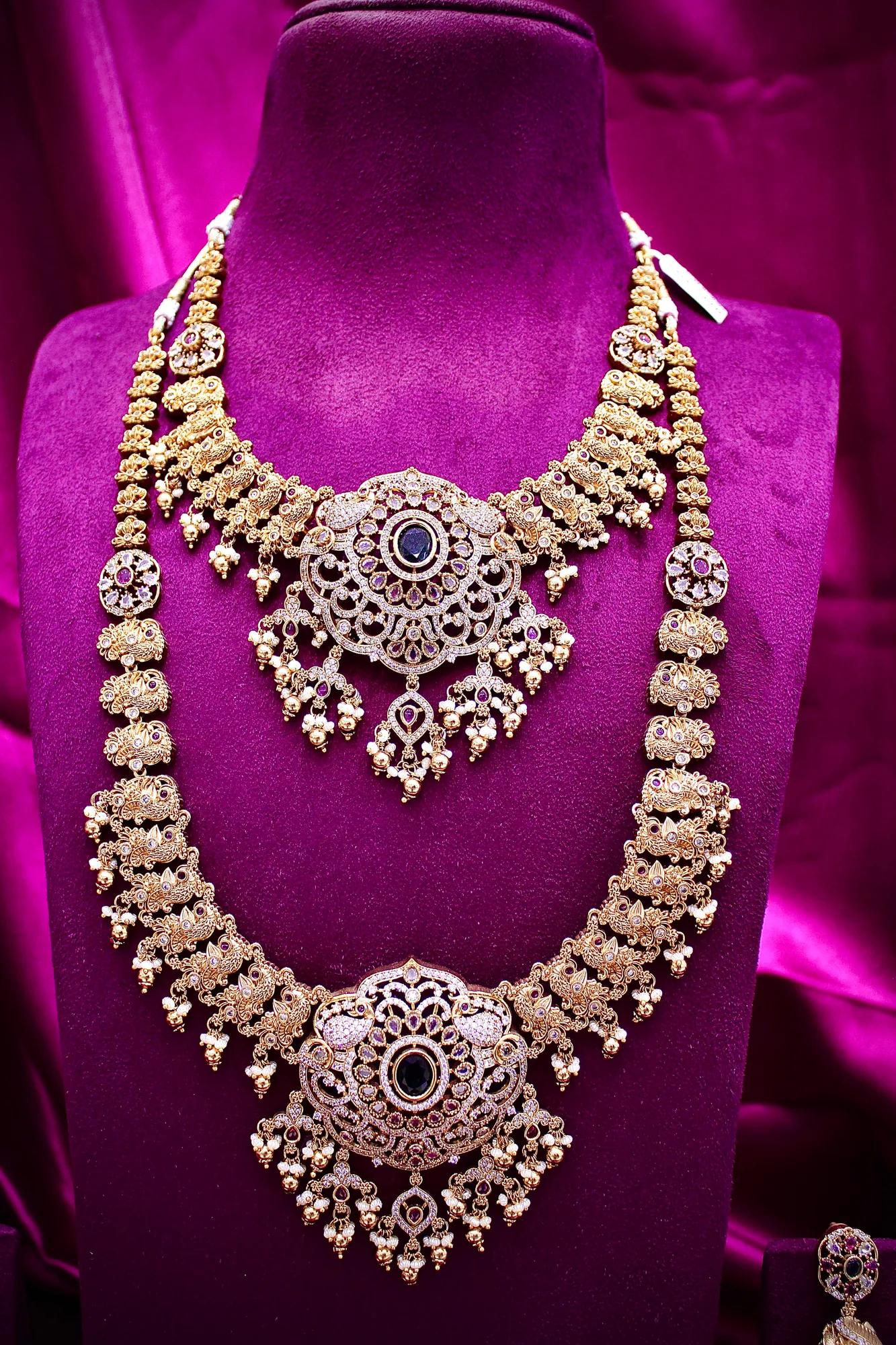 Royal Antique Gold-Plated Dual Layer Temple Necklace Set with Green Stone Pendant & Jhumka Earrings — Image 2