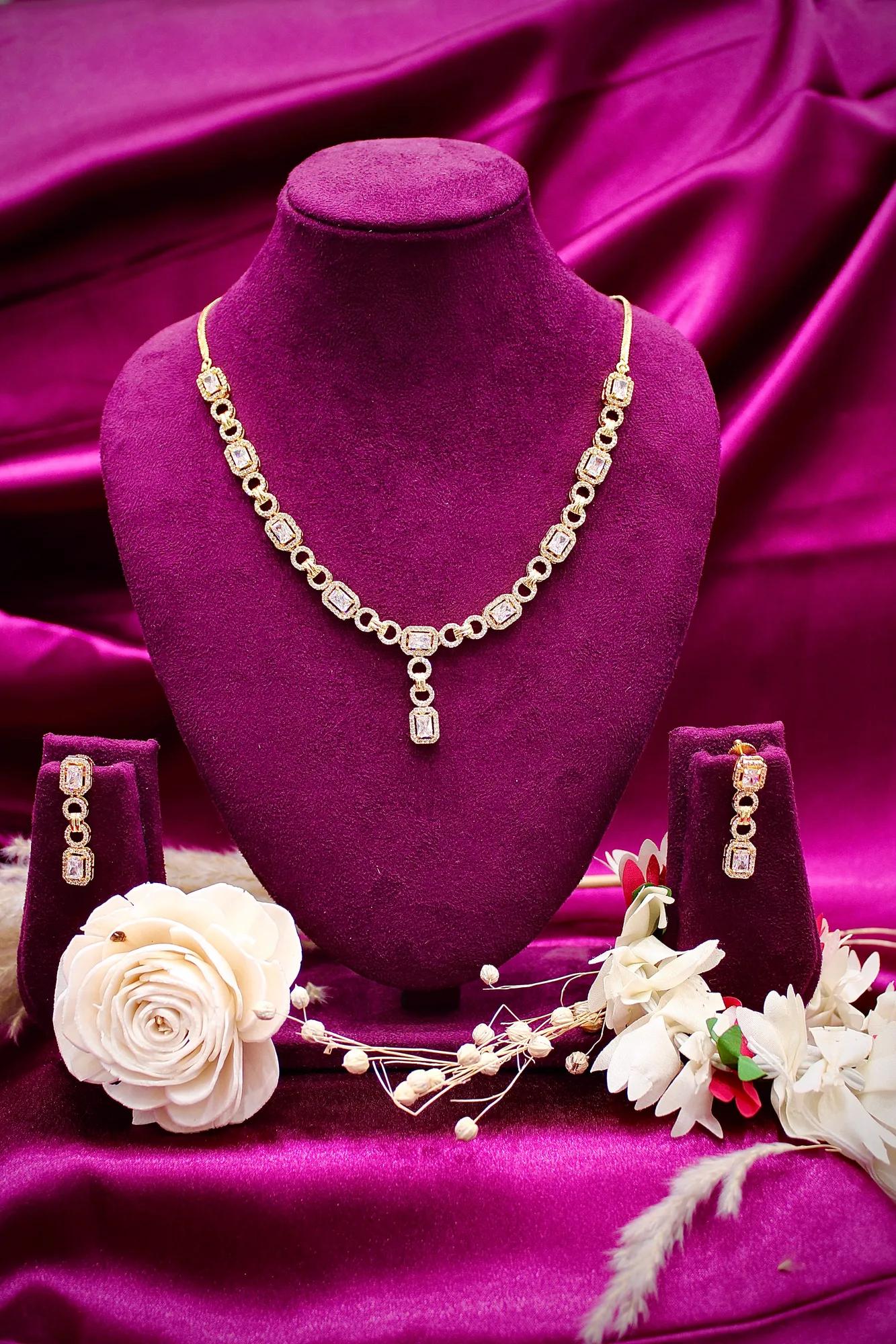 Elegant Rose Gold-Plated CZ Y-Drop Necklace Set with Matching Drop Earrings