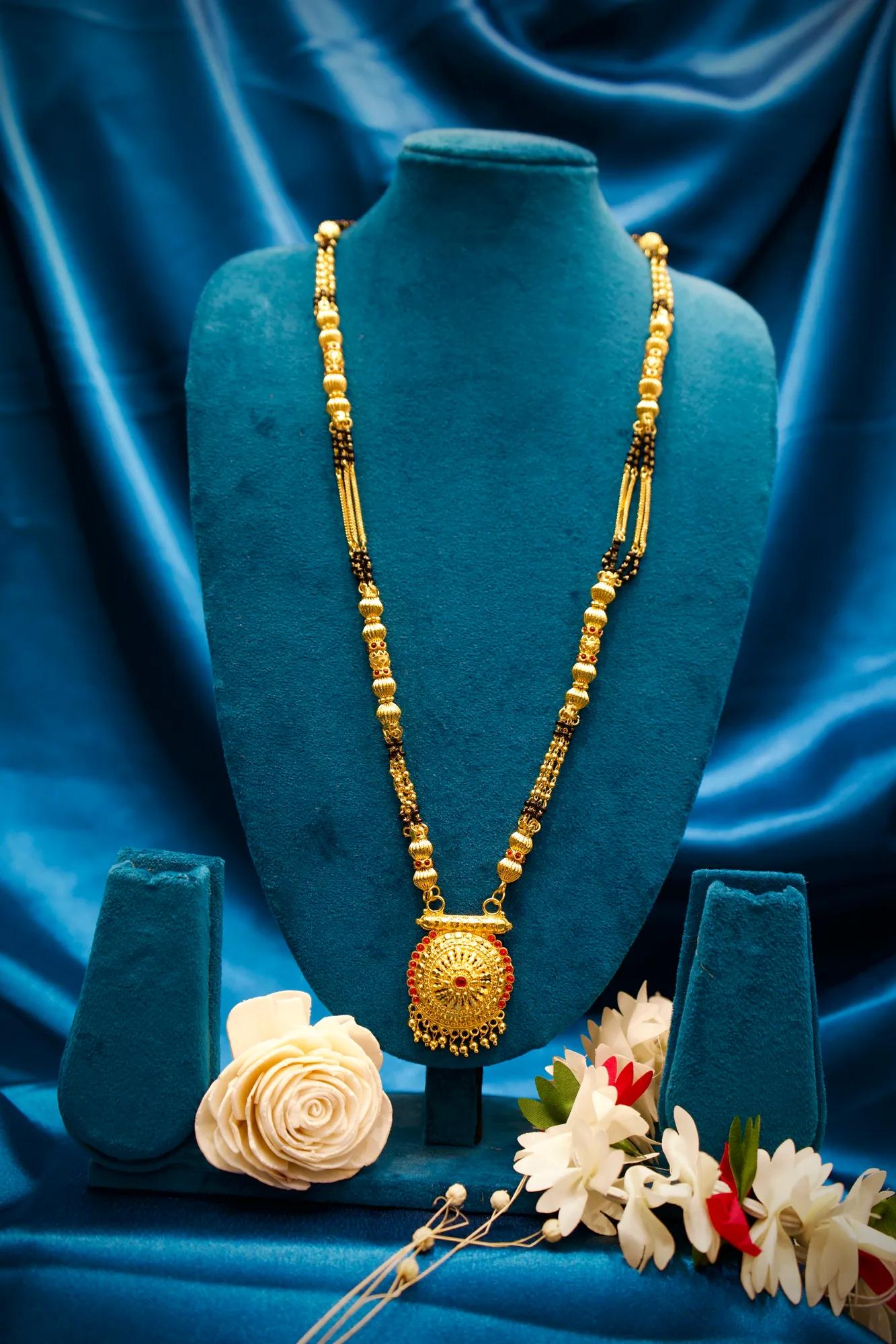 Traditional Black Bead Mangalsutra with Circular Temple Pendant