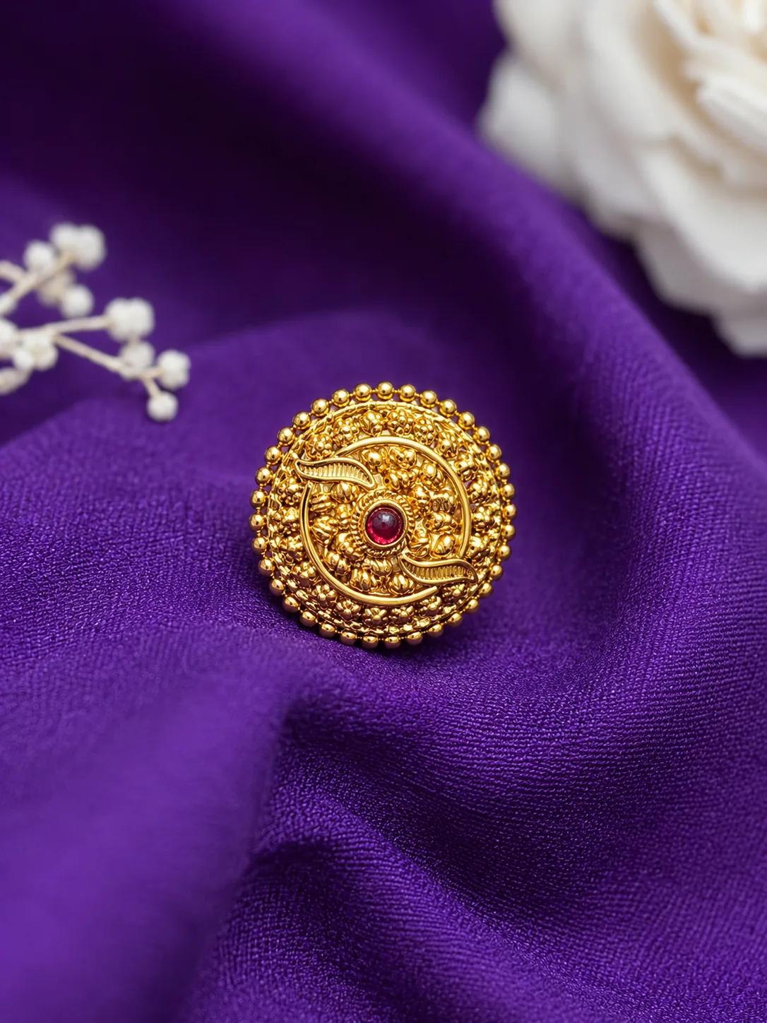 Traditional Gold Filigree Statement Ring with Ruby Accent