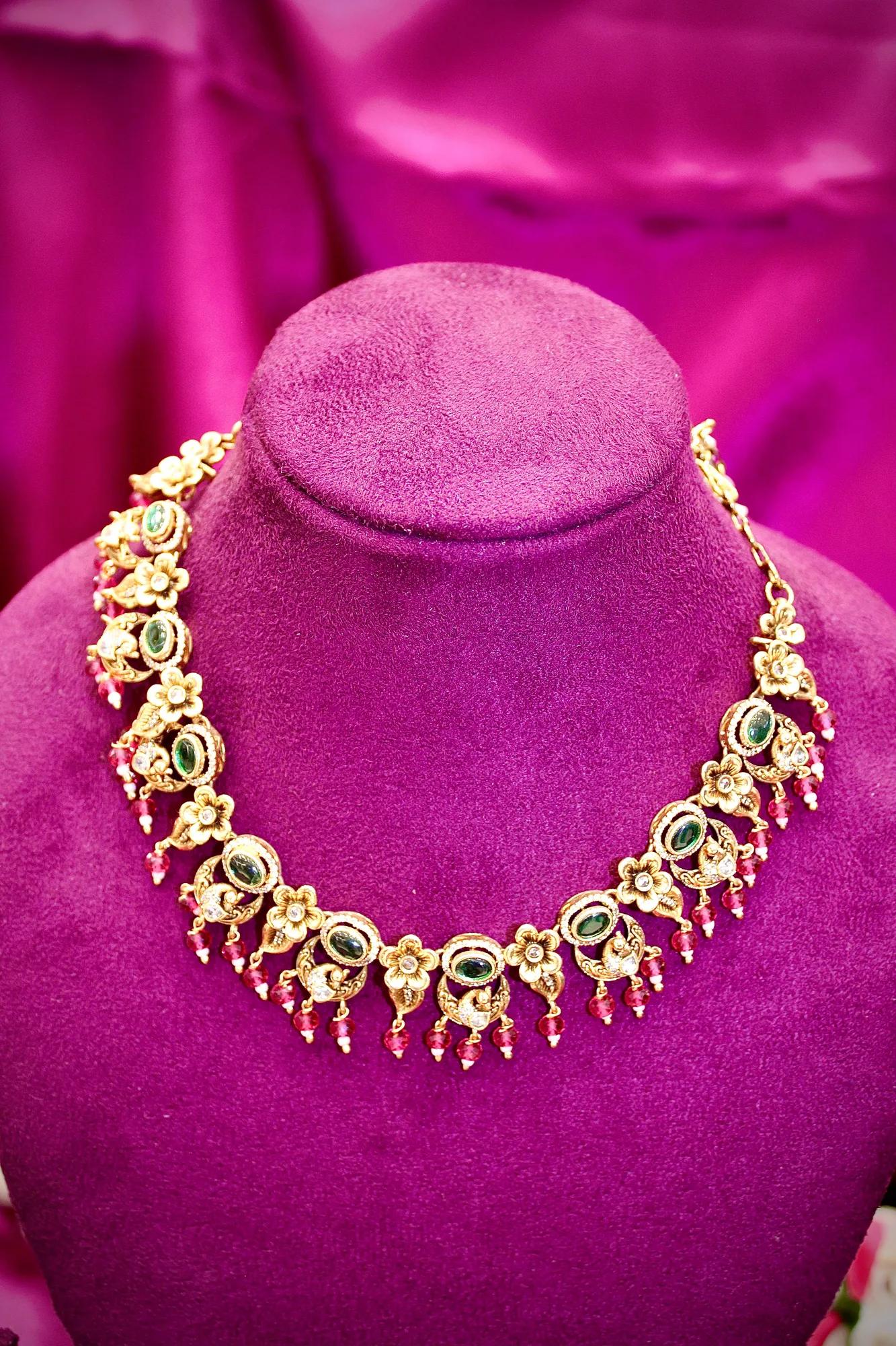 Antique Gold-Plated Floral Green Stone Choker Necklace Set with Matching Earrings — Image 4