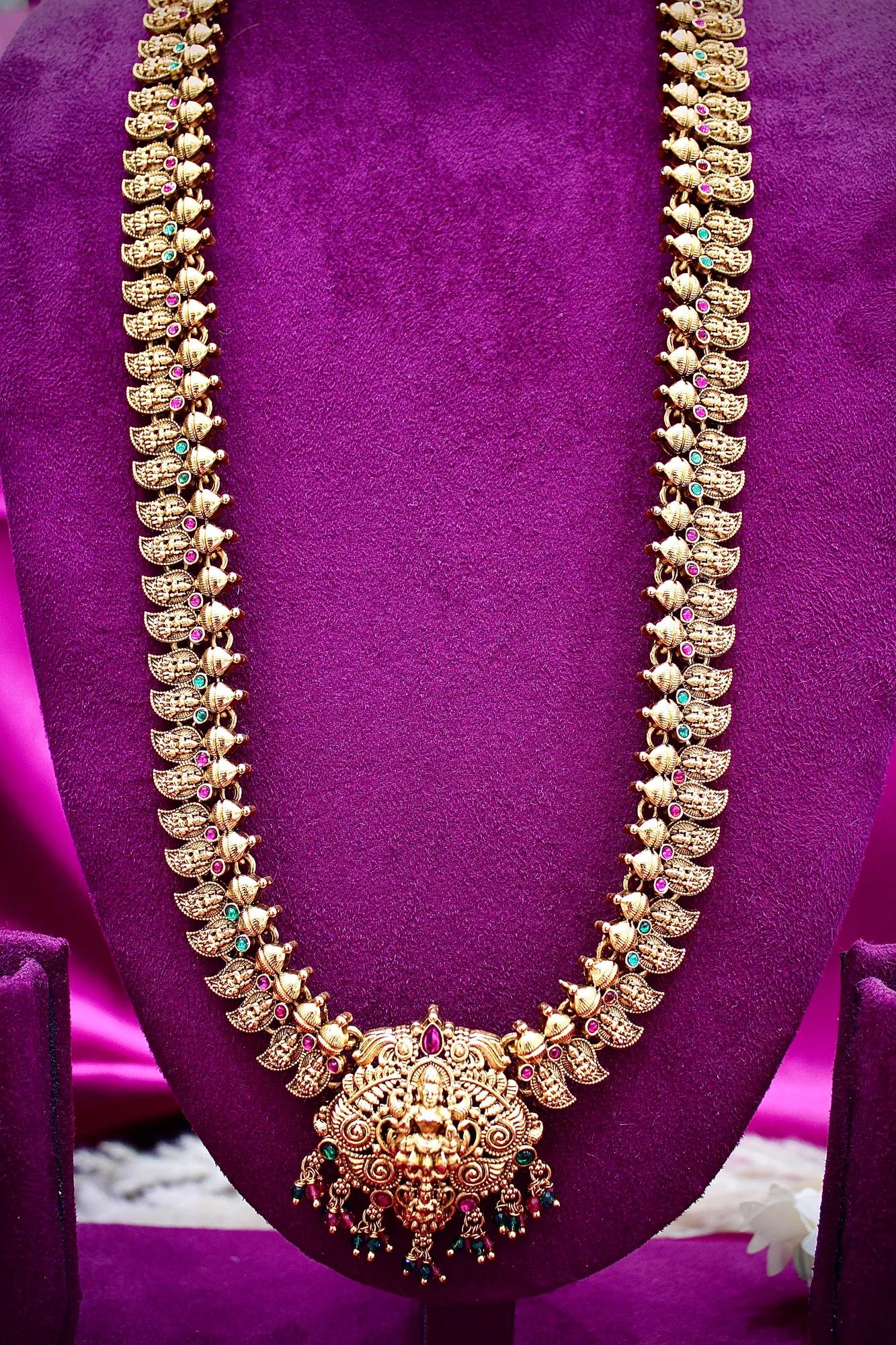 Royal Temple Lakshmi Long Haram Necklace Set — Image 5