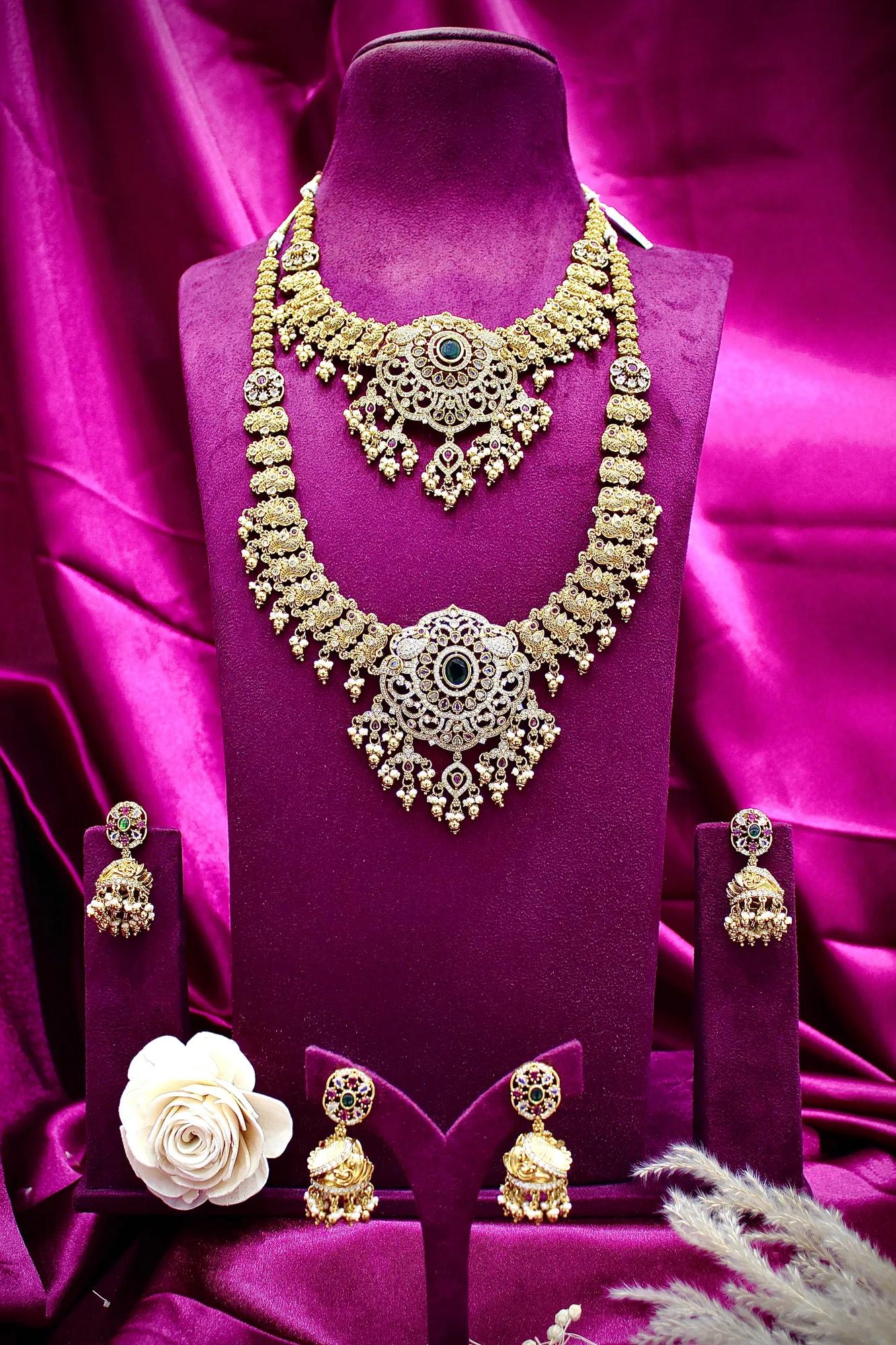 Royal Antique Gold-Plated Dual Layer Temple Necklace Set with Green Stone Pendant & Jhumka Earrings