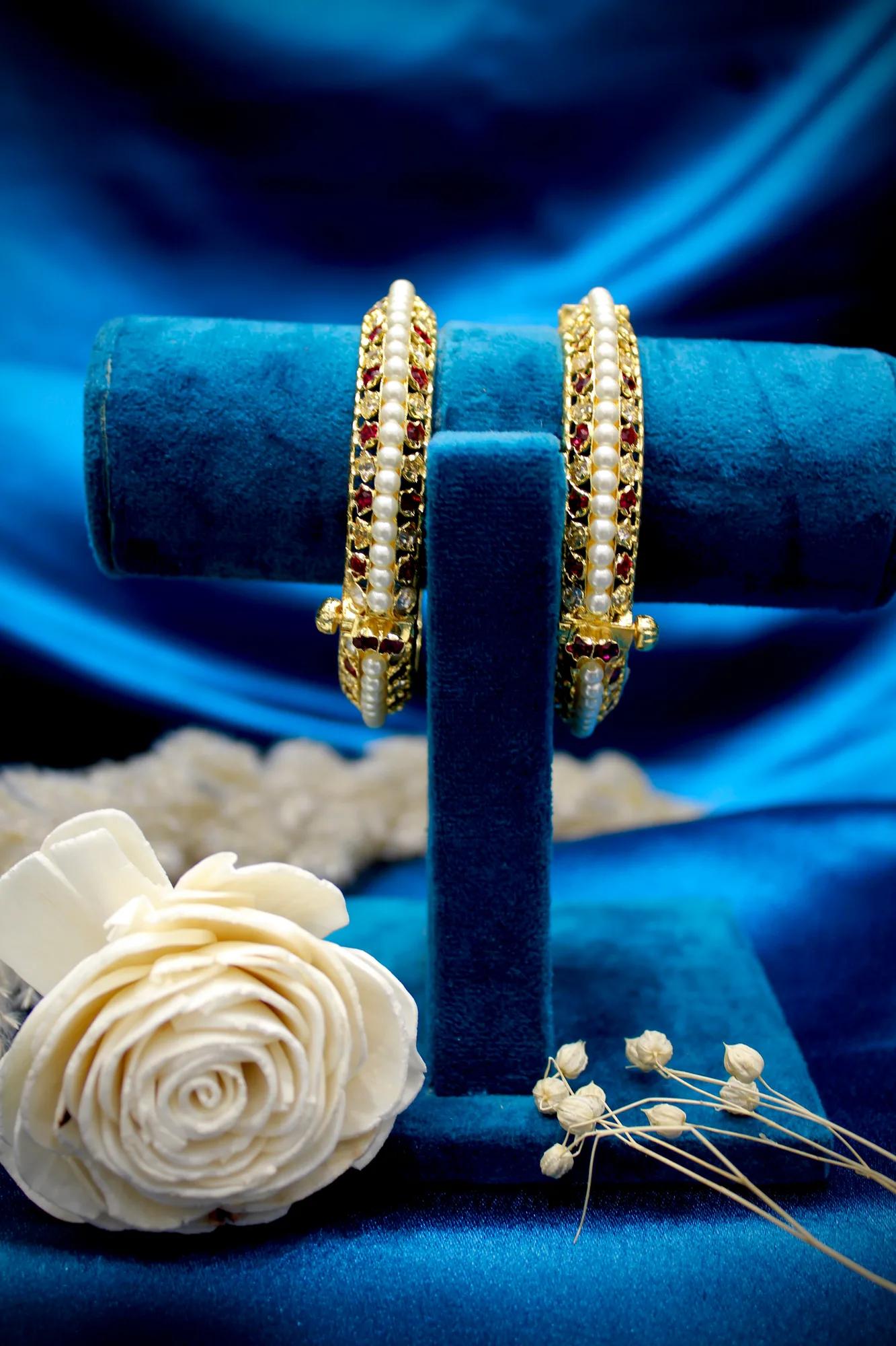 Pearl, Ruby & Crystal Designer Bangles (Set of 2)
