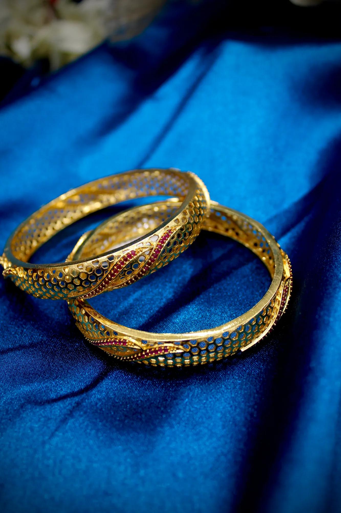 Designer Honeycomb Gold Finish Bangles (Set of 2) — Image 3