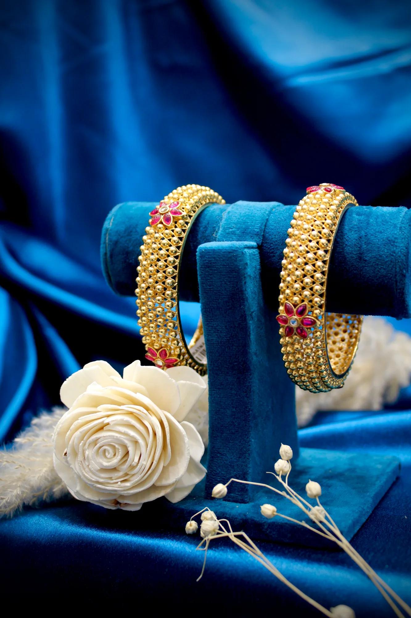 Antique Floral Mesh Ruby Stone Bangles Set — Image 2