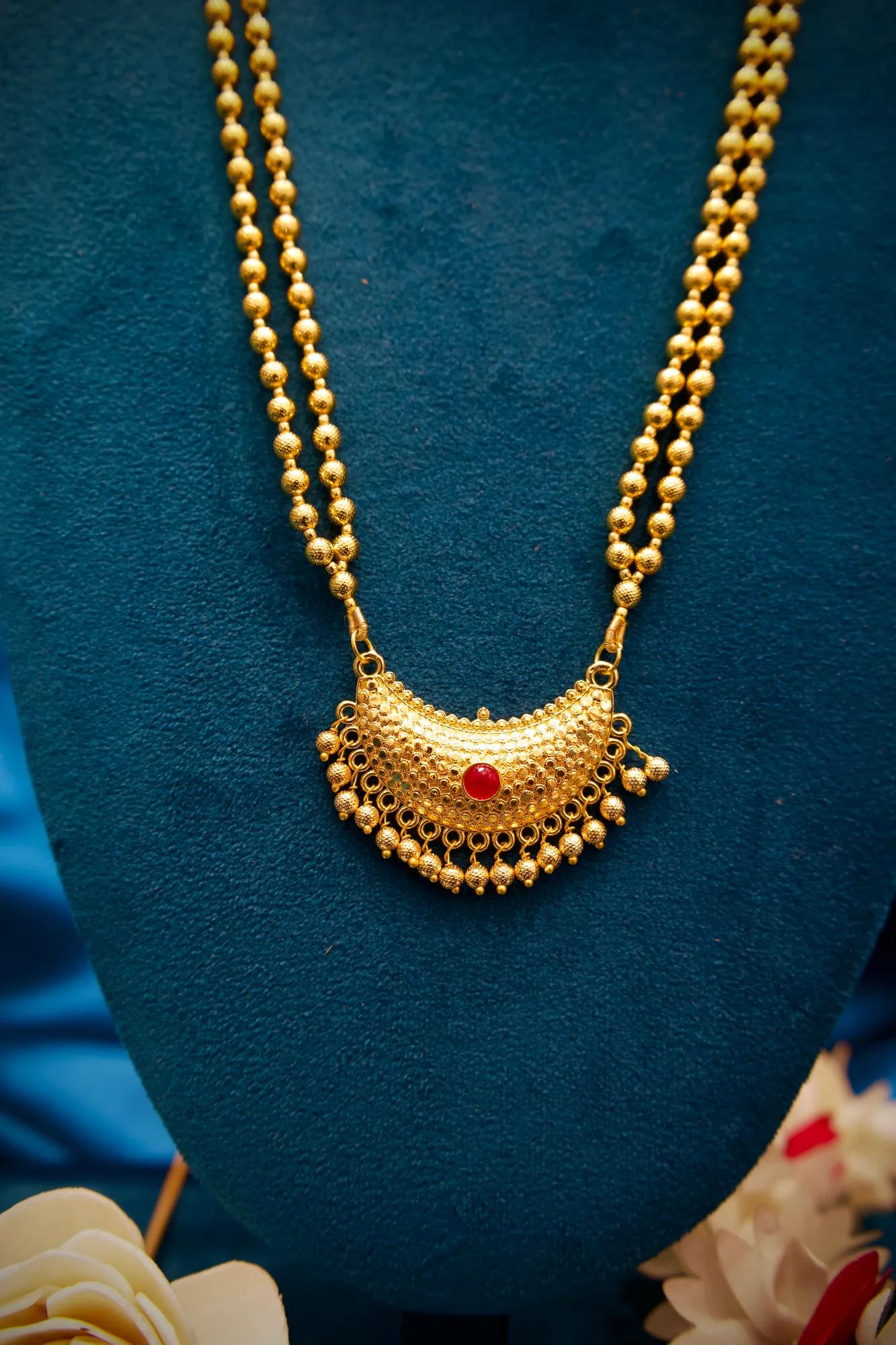Traditional Gold Bead Necklace Set with Crescent Pendant — Image 4
