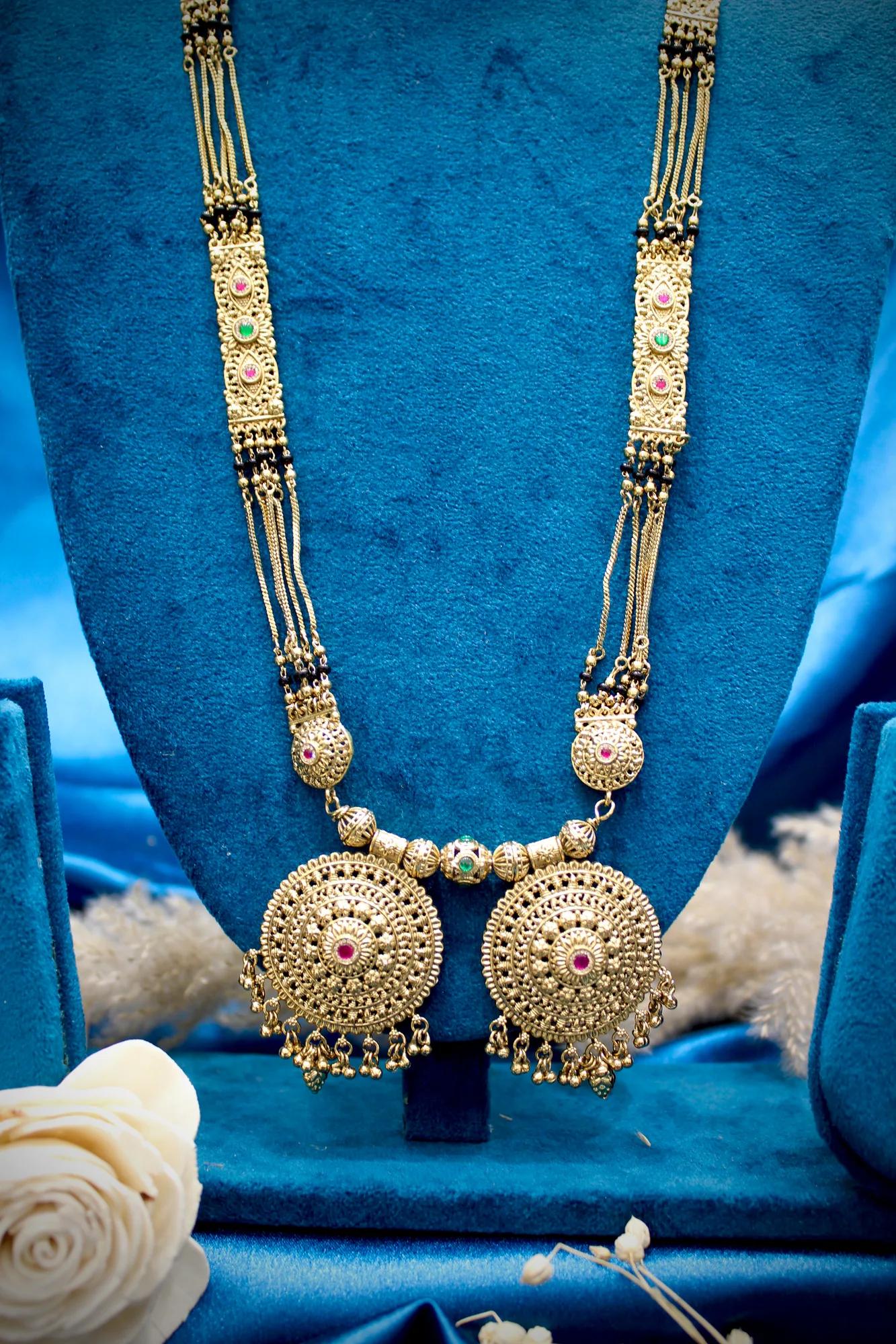 Royal Antique Gold Circular Twin Pendant Designer Black Bead Mangalsutra — Image 4
