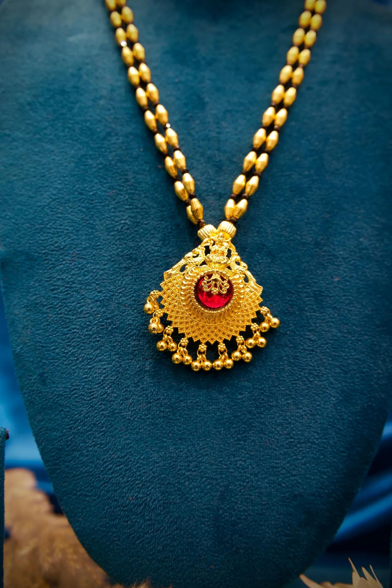 Traditional Black Bead Mangalsutra Pendant Set with Ruby Stone — Image 4