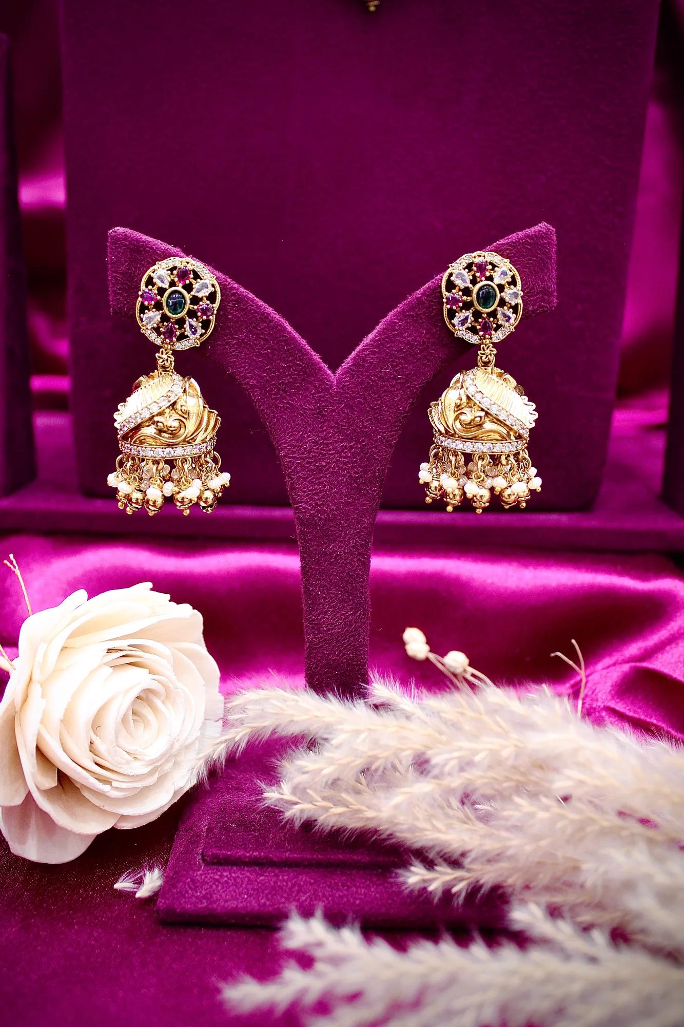 Royal Antique Gold-Plated Dual Layer Temple Necklace Set with Green Stone Pendant & Jhumka Earrings — Image 5