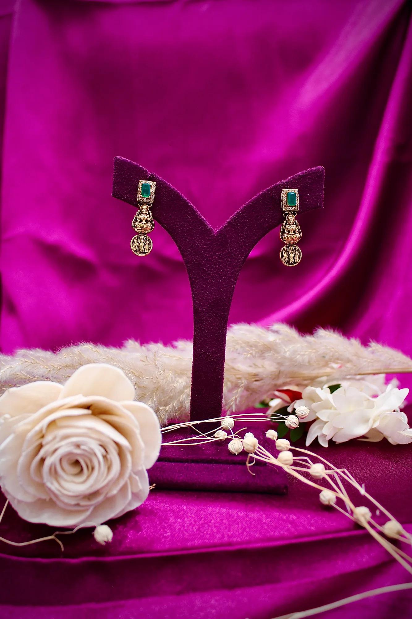 Temple Coin & Emerald Stone Long Necklace Set — Image 4