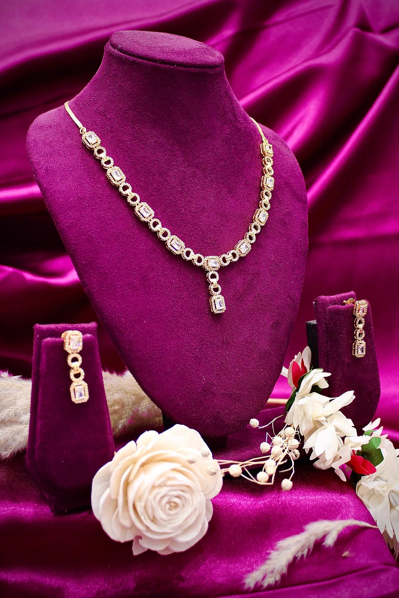 Elegant Rose Gold-Plated CZ Y-Drop Necklace Set with Matching Drop Earrings — Image 2