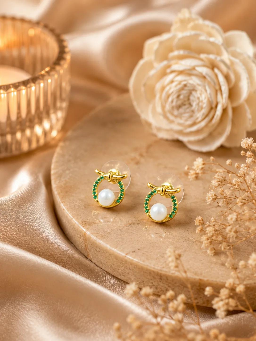 Elegant Pearl Halo AD Stud Earrings