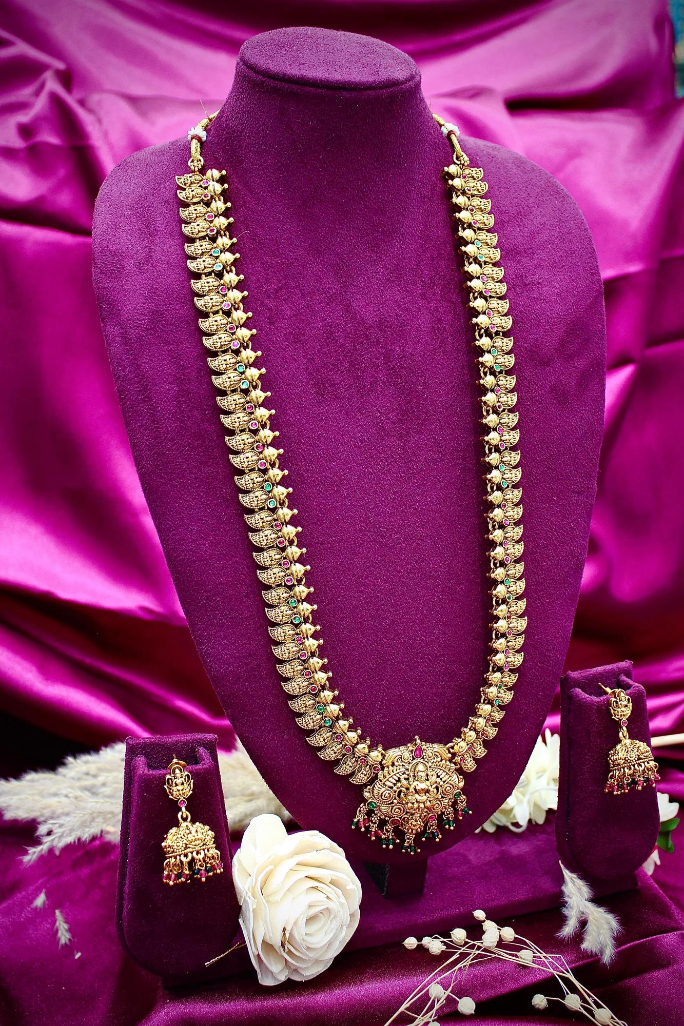 Royal Temple Lakshmi Long Haram Necklace Set — Image 3