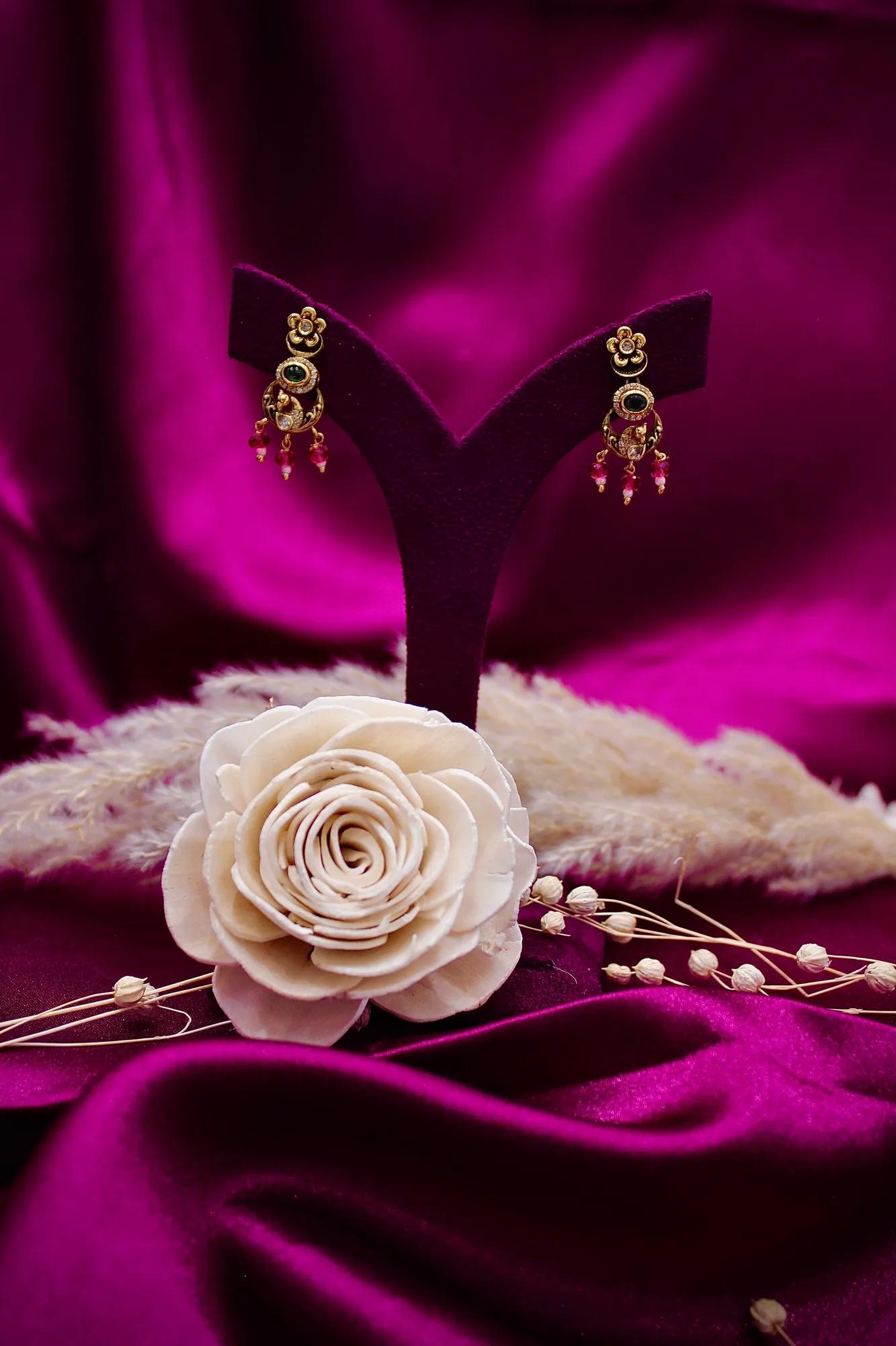 Antique Gold-Plated Floral Green Stone Choker Necklace Set with Matching Earrings — Image 5
