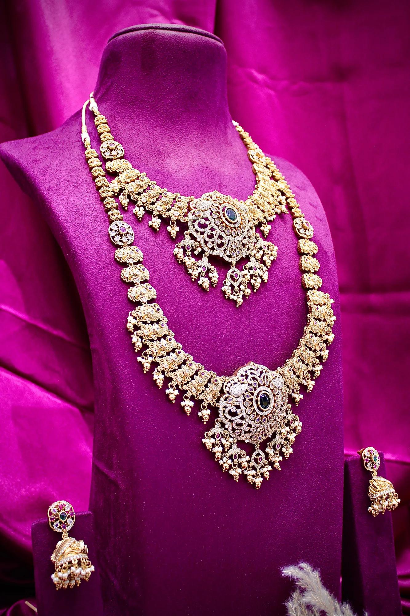 Royal Antique Gold-Plated Dual Layer Temple Necklace Set with Green Stone Pendant & Jhumka Earrings — Image 3