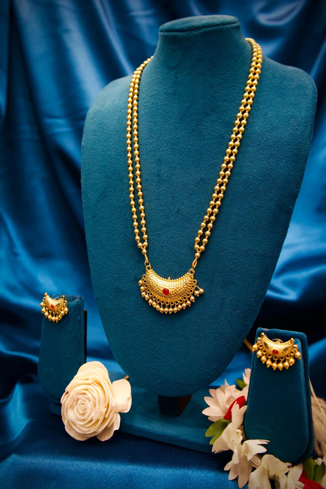 Traditional Gold Bead Necklace Set with Crescent Pendant — Image 3