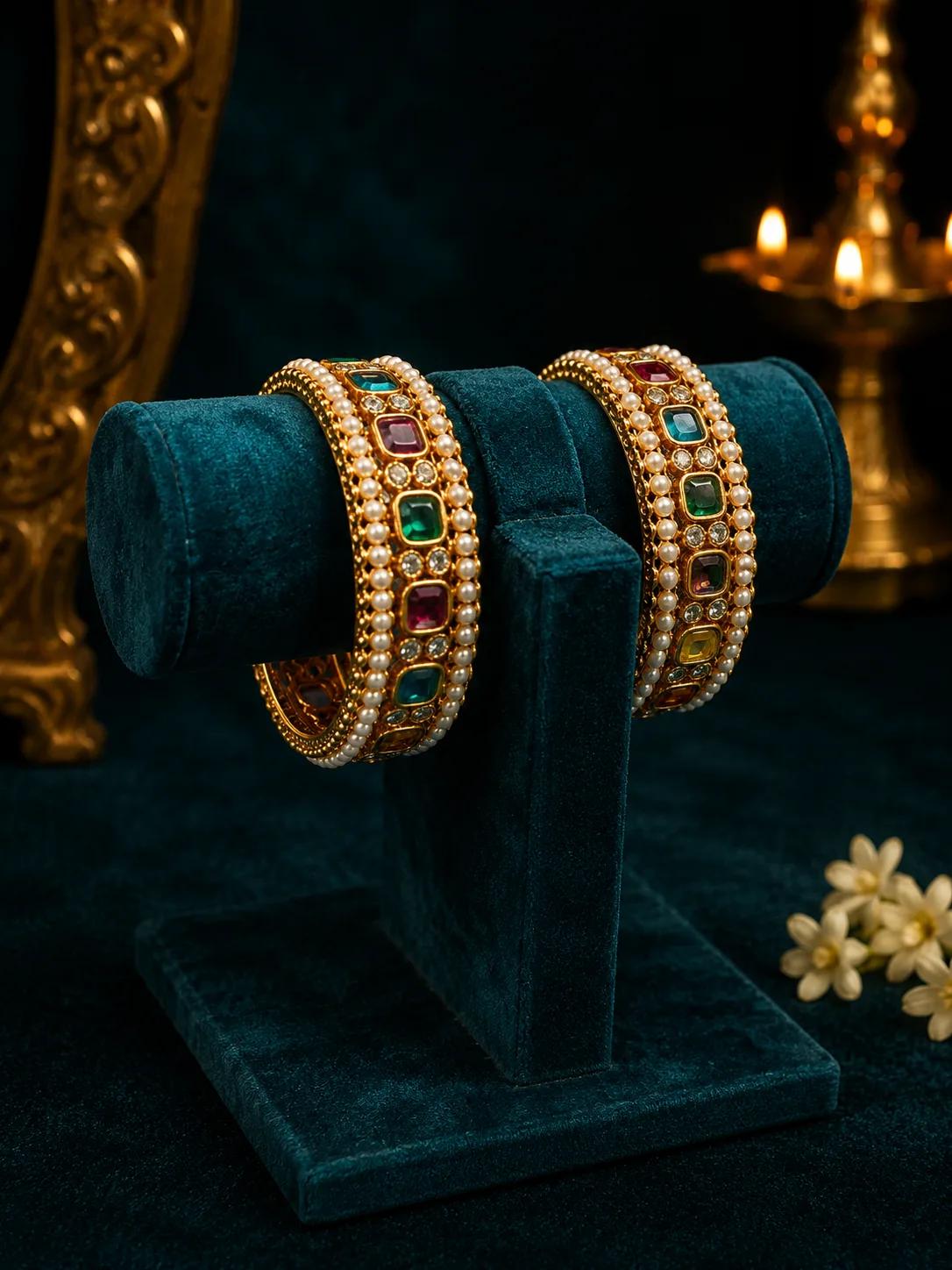 Royal Navratan Cabochon Bangle Set with Pearl & CZ Border — Image 3