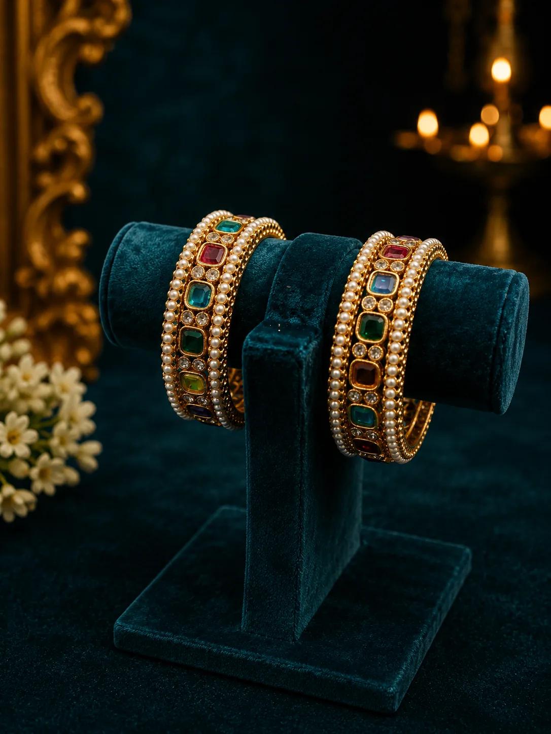 Royal Navratan Cabochon Bangle Set with Pearl & CZ Border — Image 2