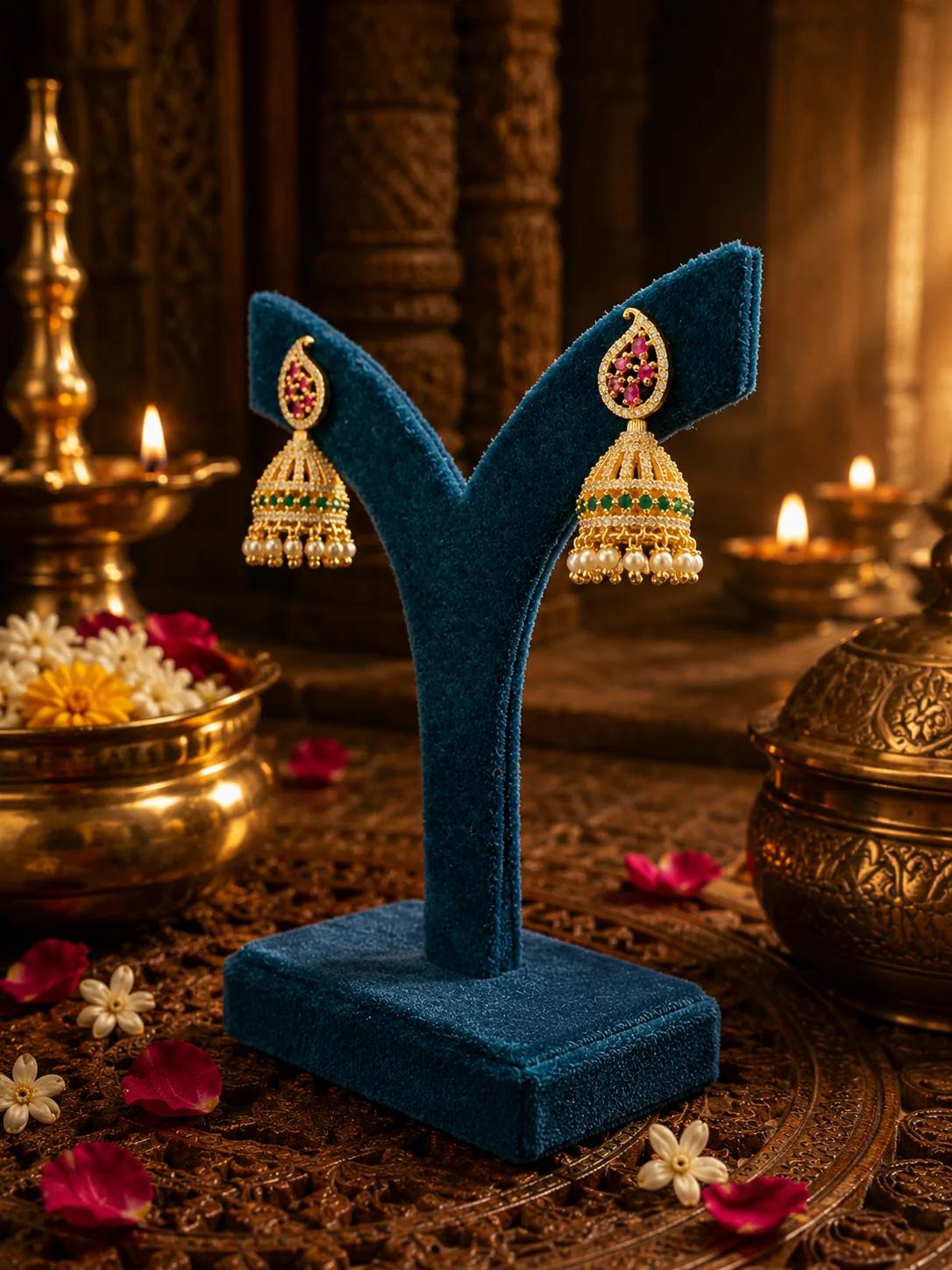 Royal Multi-Color Stone Pearl Jhumka Earrings — Image 2