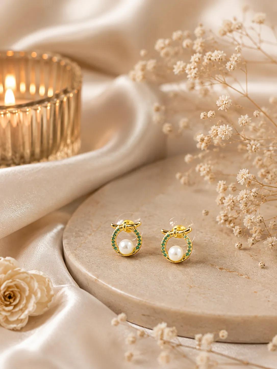 Elegant Pearl Halo AD Stud Earrings — Image 2