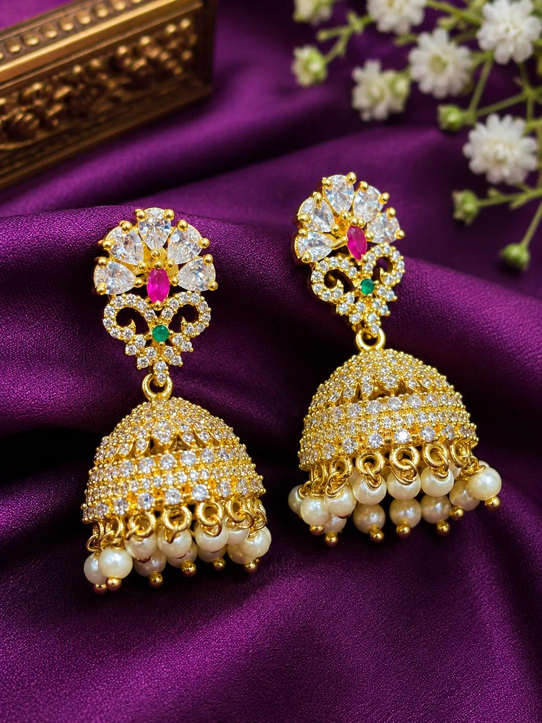 Premium AD Stone Pearl Drop Jhumka Earrings — Image 2