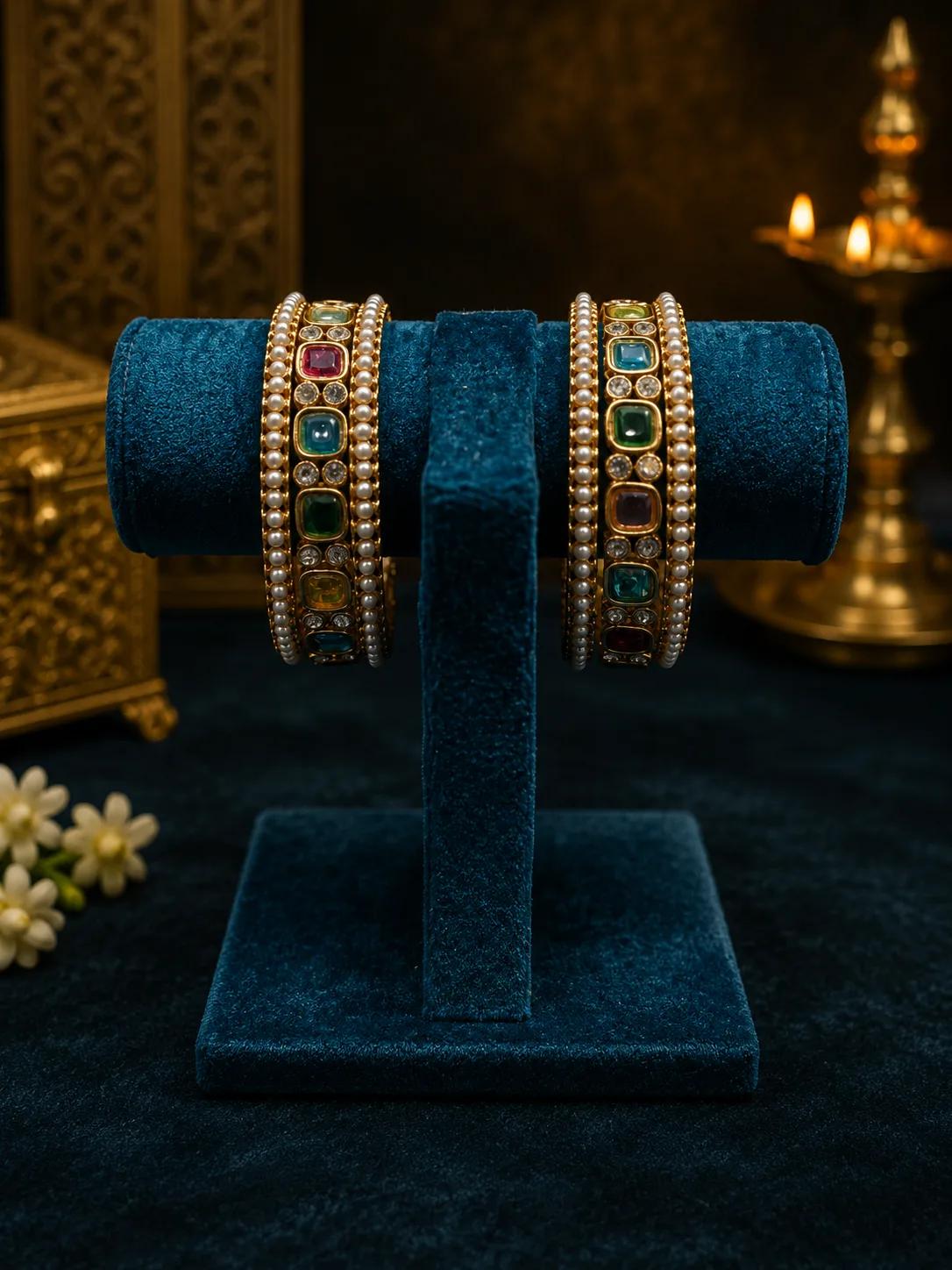 Royal Navratan Cabochon Bangle Set with Pearl & CZ Border