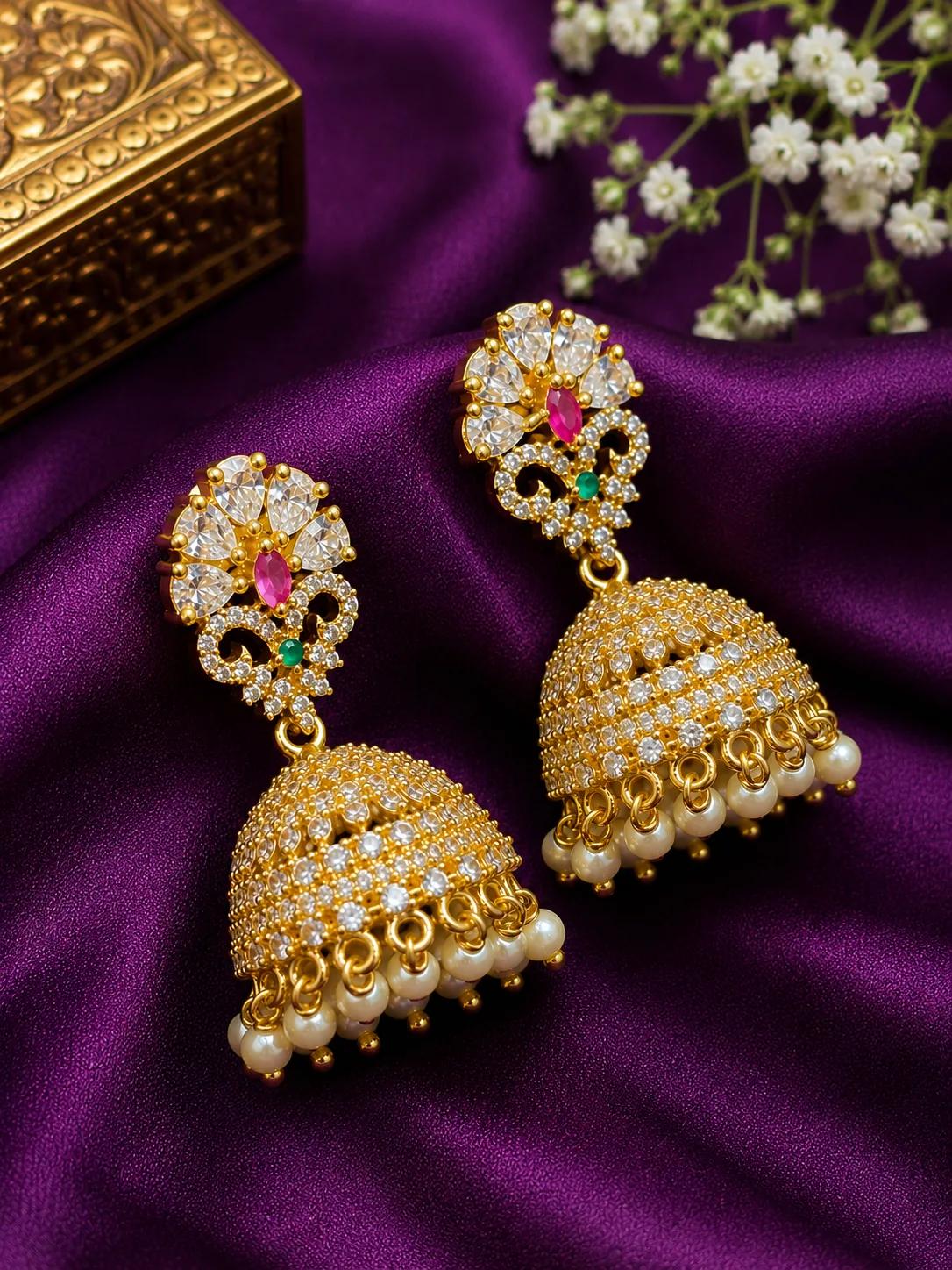 Premium AD Stone Pearl Drop Jhumka Earrings — Image 3