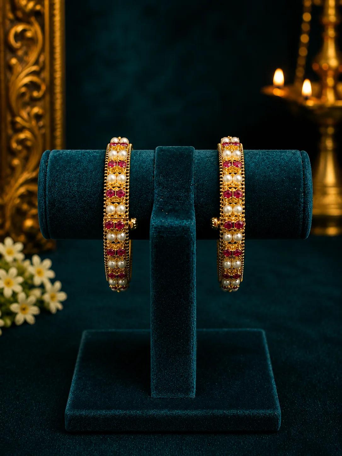 Temple Ruby & Pearl Cluster Bangle Pair in Antique Gold