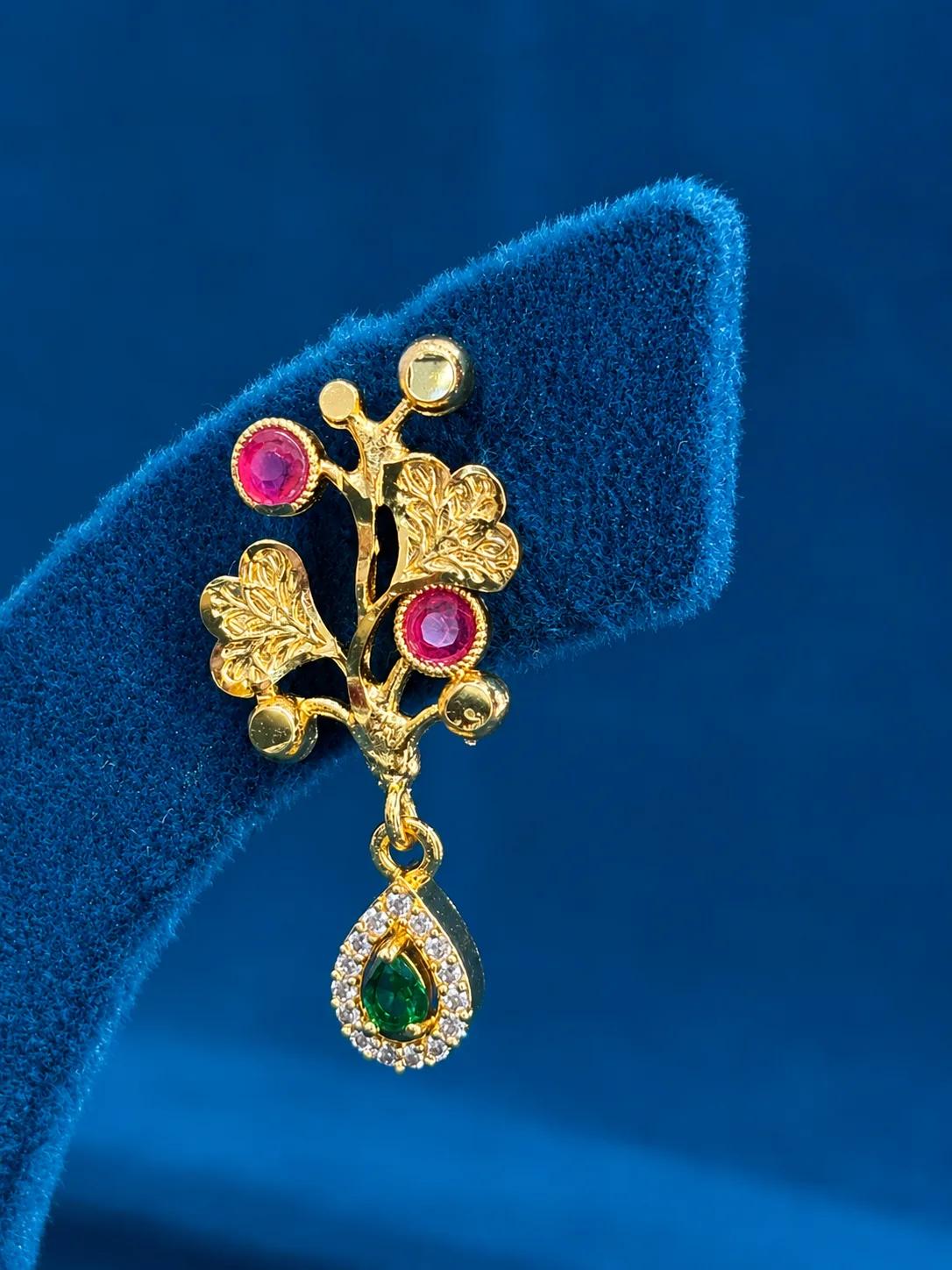 Elegant Floral AD Drop Stud Earrings with Emerald Accent — Image 4